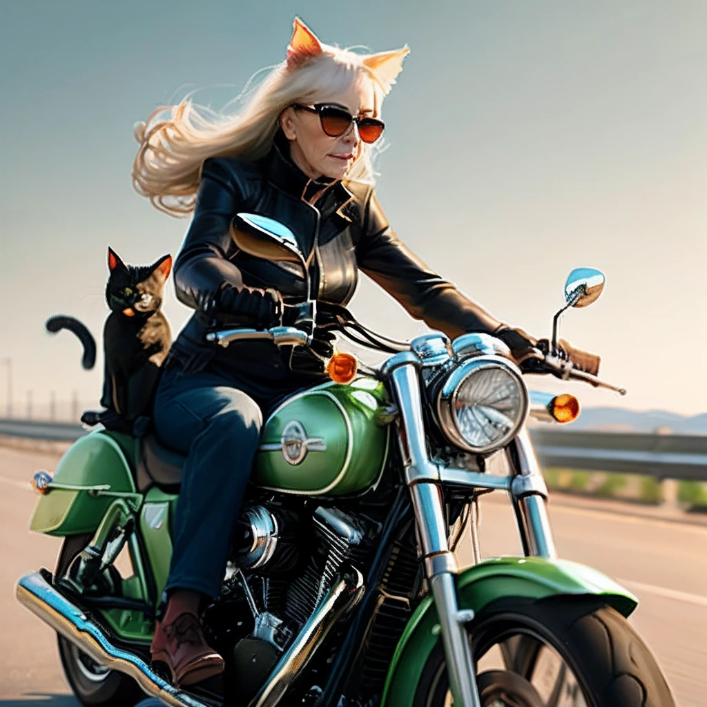A grandmother riding a motorcycle，green color，Black sunglasses，black cat ears
