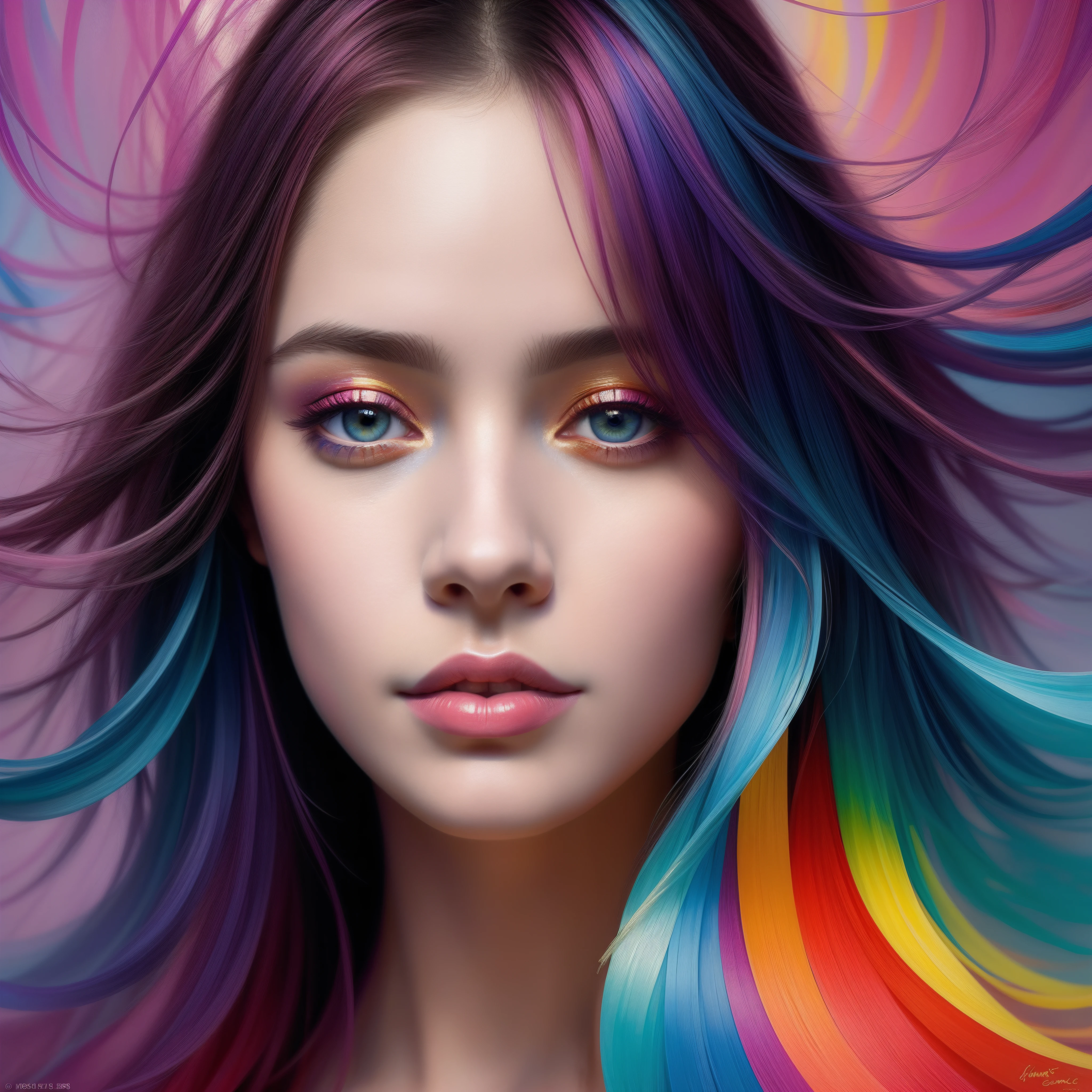 _james jean, floating female figure made of ribbons, smoke, in the sky, colorful and vibrant, mystical colors, contemporary impressionism, yanjun cheng portrait painting, iridescent painting, 3/4 perspective view, cute face, low angle, sweeping circling composition, large beautiful crystal eyes, big irises, UHD, HDR, 8K, (Masterpiece:1. 5), (the most beautiful portrait in the world:1.5)