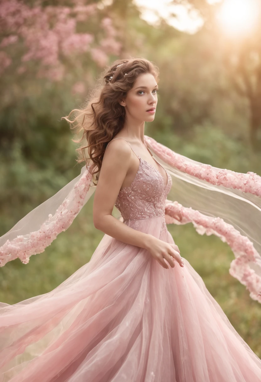 (Full body photograph of 1 curly-haired white girl wedding dress with large, transparent veil and pink color dress + suave e delicado + cabelos loiros)+(Vestido longo em cores brilhantes, Luz brilhante, Cabelo loiro longo e liso + Olhos brilhantes e acolhedores)+(pink petals + Brisa suave + with blue sky and white clouds + Bosques verdes e floridos)