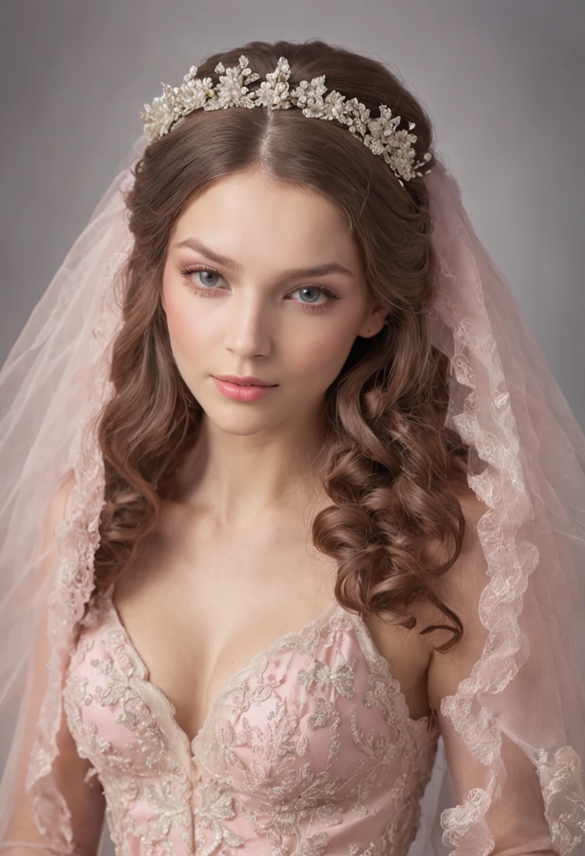 (Full body photograph of 1 curly-haired white girl wedding dress with large, transparent veil and pink color dress + suave e delicado + cabelos loiros)+(Vestido longo em cores brilhantes, Luz brilhante, Cabelo loiro longo e liso + Olhos brilhantes e acolhedores)+(pink petals + Brisa suave + with blue sky and white clouds + Bosques verdes e floridos)