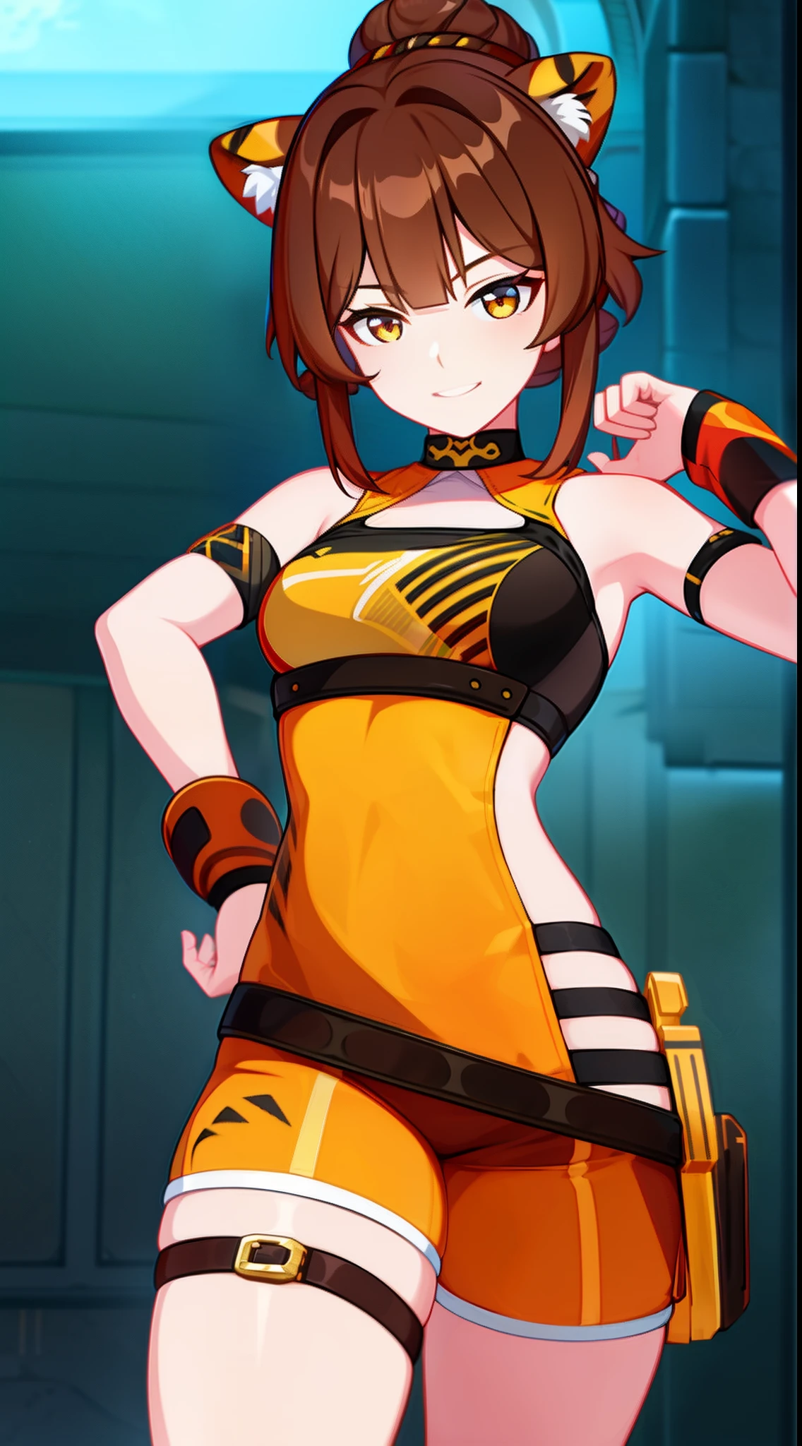 young girl, brown hair, Two buns, golden eyes, Tiger ears, Chinese yellow and blue dress, Shorts, Ironbound Bracers, Winks, Smile, Masterpiece, hiquality