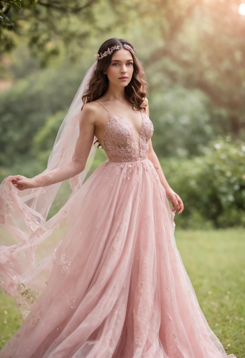 (Full body photograph of 1 curly-haired brunette girl wedding dress with large, transparent veil and pink color dress + suave e delicado + cabelos loiros)+(Vestido longo em cores brilhantes, Luz brilhante, Cabelo loiro longo e liso + Olhos brilhantes e acolhedores)+(pink petals + Brisa suave + with blue sky and white clouds + Bosques verdes e floridos)