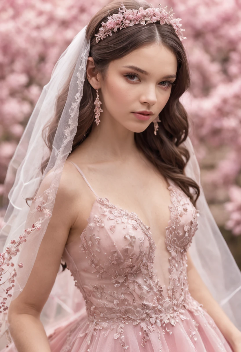 (Full body photograph of 1 curly-haired brunette girl wedding dress with large, transparent veil and pink color dress + suave e delicado + cabelos loiros)+(Vestido longo em cores brilhantes, Luz brilhante, Cabelo loiro longo e liso + Olhos brilhantes e acolhedores)+(pink petals + Brisa suave + with blue sky and white clouds + Bosques verdes e floridos)