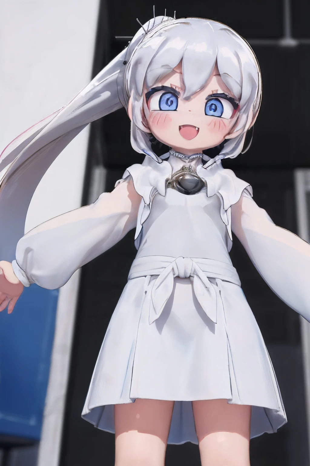 (from below:1.4),pov,(looking down:1.2),bright,(head down:1.2),
solo,(1girl:2),blush,shiny skin,
standing,
white hair,side ponytail,
blue eyes,white skirt,
:D,(smile,happy face:1.2),upper teeth,cute fang,