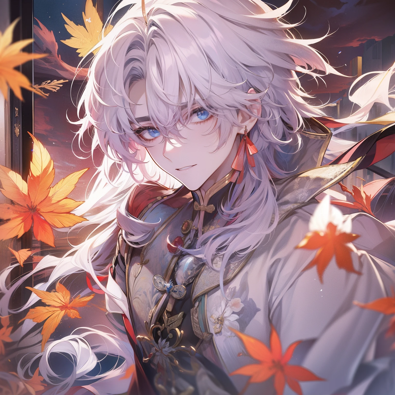 Blade from honkai star rail, calm, detailed, beautiful face, calm atmosphere, looking at viewer, interesting composition, full body, between window, masterpiece, best quality, 1 male, adult, handsome, tall, finely detailed eyes and detailed face, white hair, extremely detailed CG unity 8k wallpaper, intricate details, intricate details, maple leaves, maple, calm, good, kind, happy, white hair, blue eyes