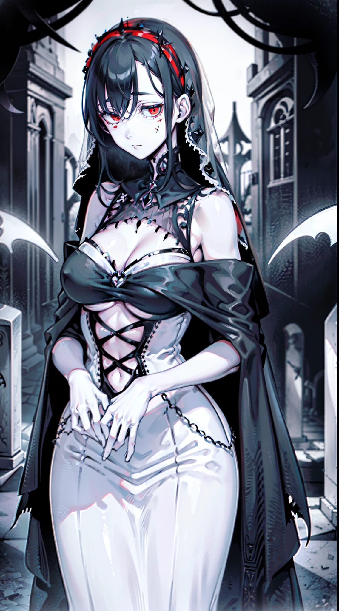 ugliness. Neo-Gothic. glomy. inkpunk minimalism. Tim Burton. Corpse Bride.white wedding gown，white dresses，Red eyes，Pale skin，Black color hair，In the dark，Dark environment，Plenty of tombstones，In the cemetery，White flowers，The body is covered with sutures，Twist your body，
