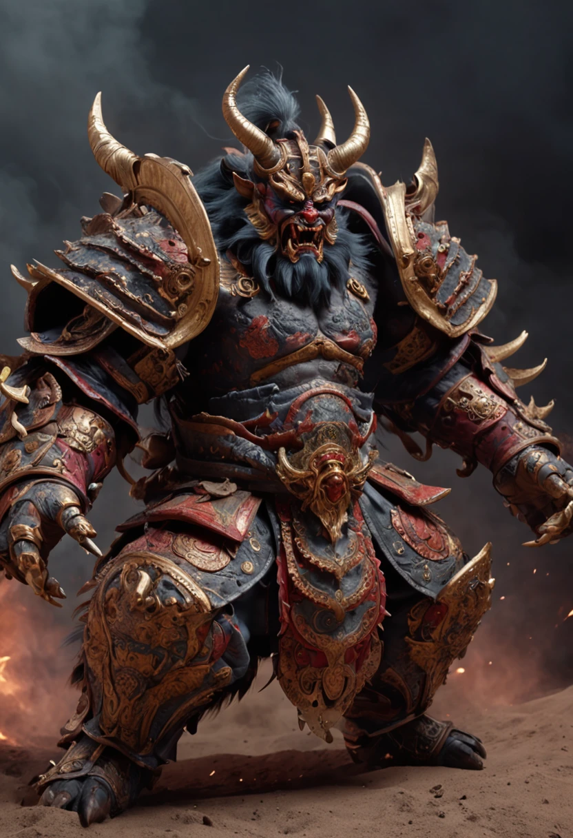 an ugly behemoth masked divinity samurai like creature in action and unleashing an attack against enemies,vincent van gogh style,fw murano style, full body GALAXY armour, plumes of jet black plumes smokes,vibrant colour blast, incredibly detailed, morbid, dark, key visuals, atmospheric, highly realistic, ultra wide epic shot --ar 3:4 --s 750