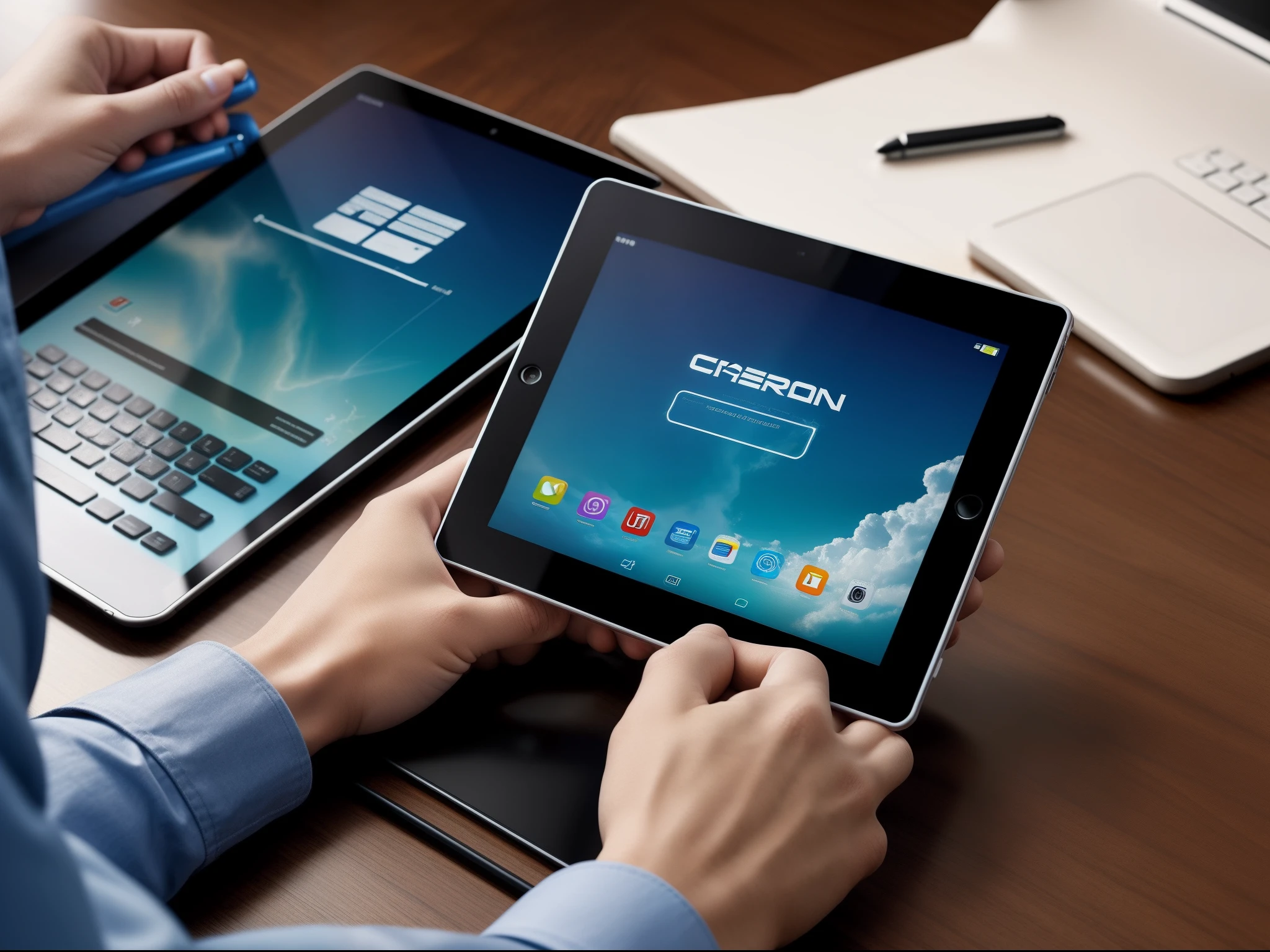 "Person with cyber hand holding a tablet, realismo extremo, ultra calidad."