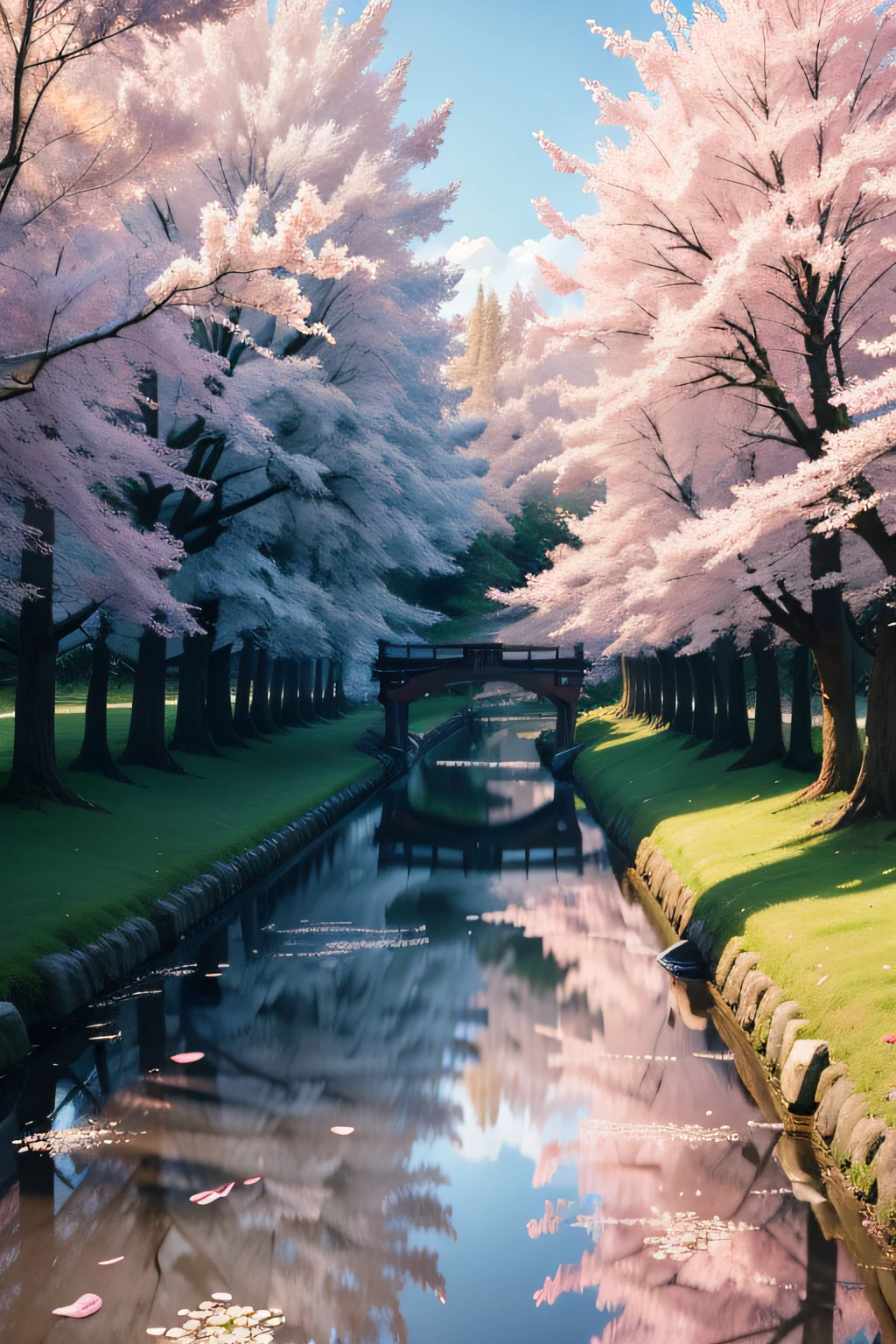 At dawn, Cherry trees, alte japanische siedlung am see, umgeben von blauem Wasser, small bridges and running water, antike Farbe, blumiger Duft, warm wie Jade, Vogelgezwitscher und Blumen, Wasserstadtmalereien, leisurely, echte Fotografie, 16K resolution
