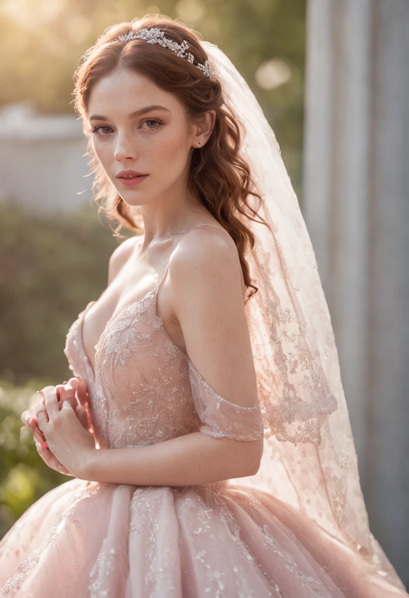 (Full body photograph of 1 white girl with freckles on her face and curly hair wedding dress with large transparent veil and pink dress + suave e delicado + cabelos loiros)+(Vestido longo em cores brilhantes, Luz brilhante, Cabelo loiro longo e liso + Olhos brilhantes e acolhedores)+(pink petals + Brisa suave + with blue sky and white clouds + Bosques verdes e floridos)