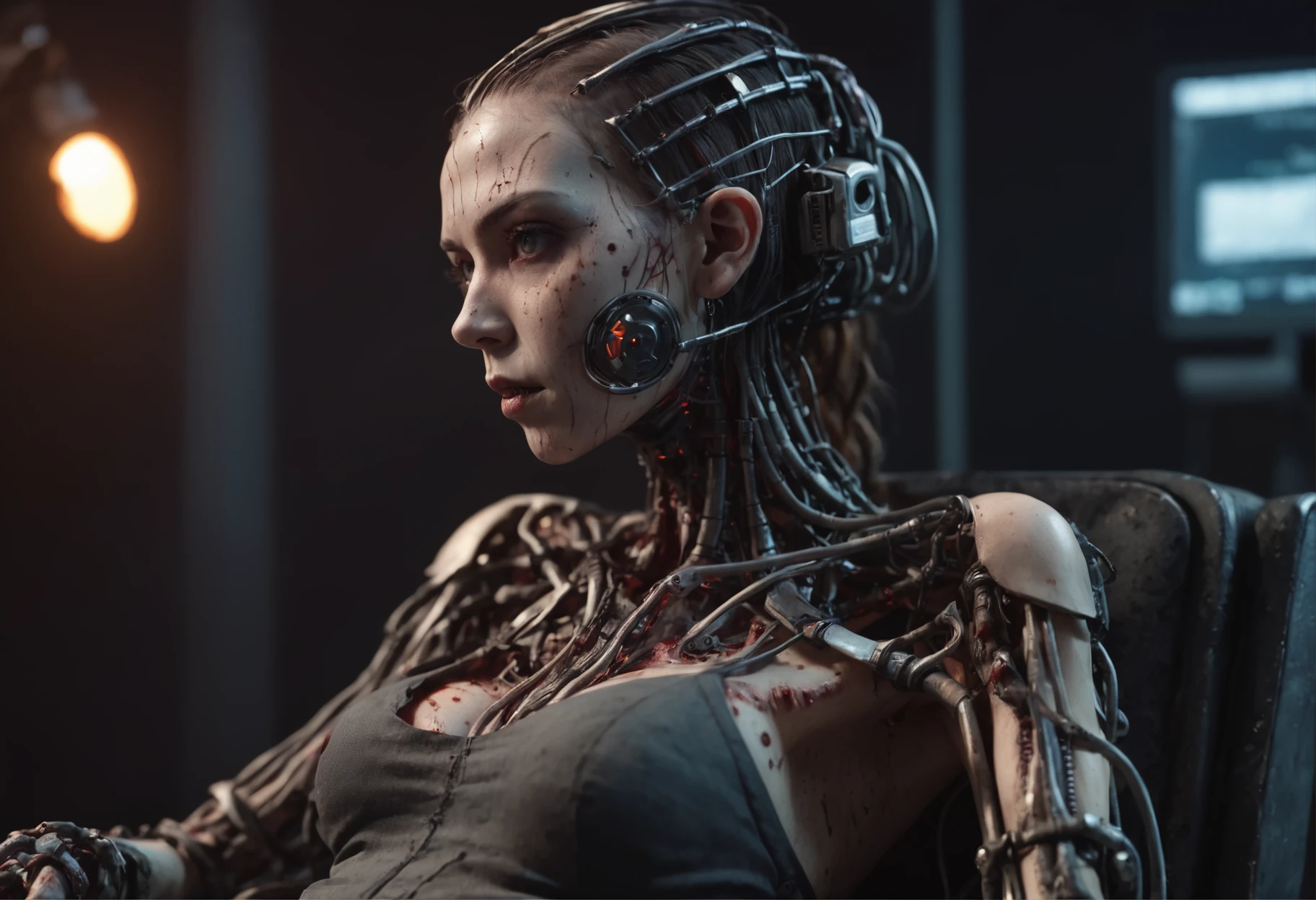 Cyberpunk Zombie girl sitting in an armchair connected to a computer, full body, techno clothes, with full burnt skin, Cables and pipes coming out of the head, metal skeleton, electronic parts, dark environment, Blade Runner, Matrix, cut skin and cut, extremely detailed. and fine intricate details, very gory, scary and grotesque