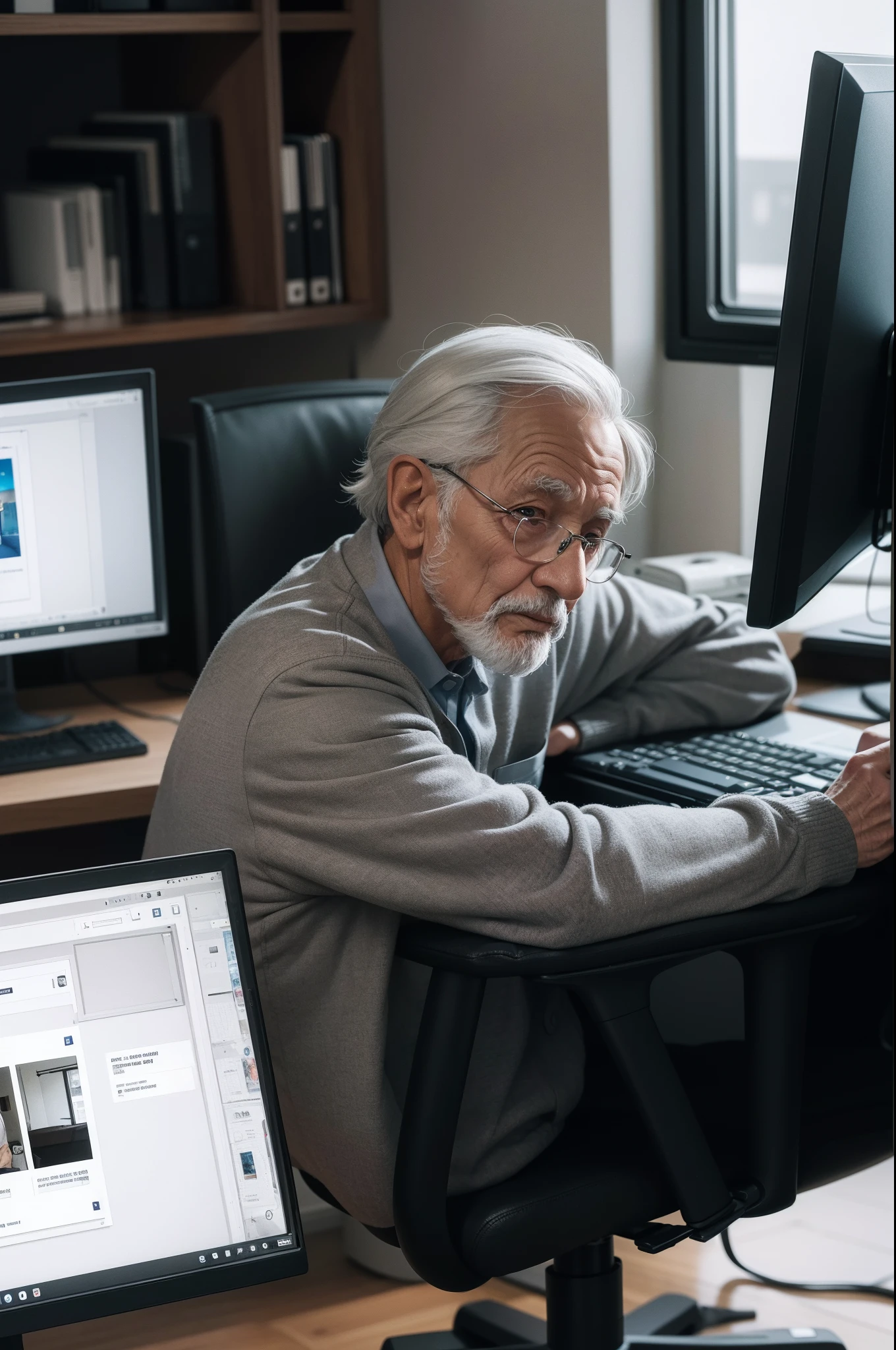 An elderly man with gray hair sits in front of a computer in an open plan office and works on a collage of several images on the monitor holds the mouse in his hand and looks towards the monitor the image is photorealistic 4k