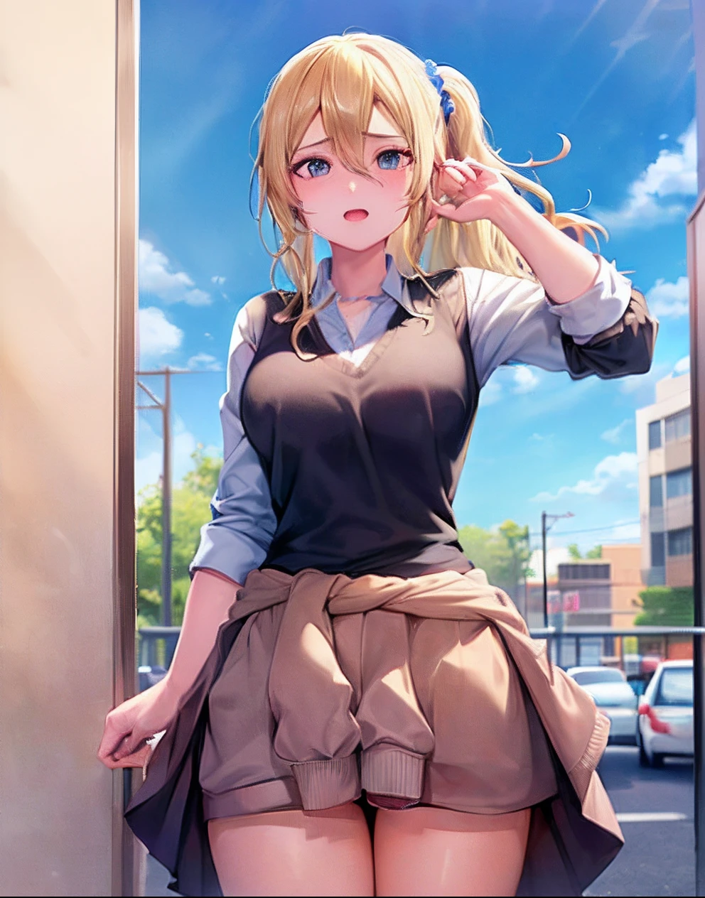 Anime girl in short skirt and shirt posing in front of a building ...