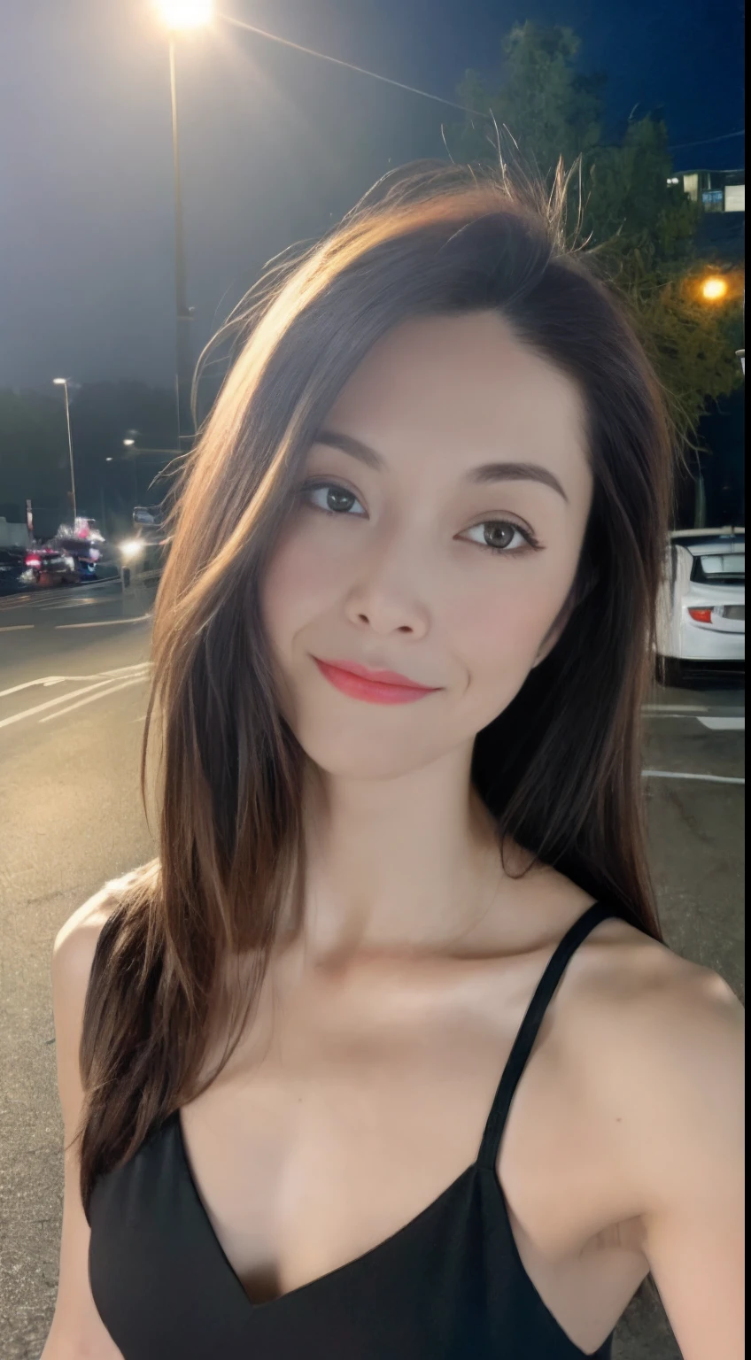 ((Realistic lighting, Best quality, 8K, Masterpiece: 1.3)), Focus: 1.2, 1girl, Perfect Body Beauty: 1.4, Slim Abs: 1.1, ((Dark Brown Hair)), (Aqua Dress: 1.4), (Outdoor, Night: 1.1), City Street, Super Fine Face, Fine Eyes, Double Eyelids,