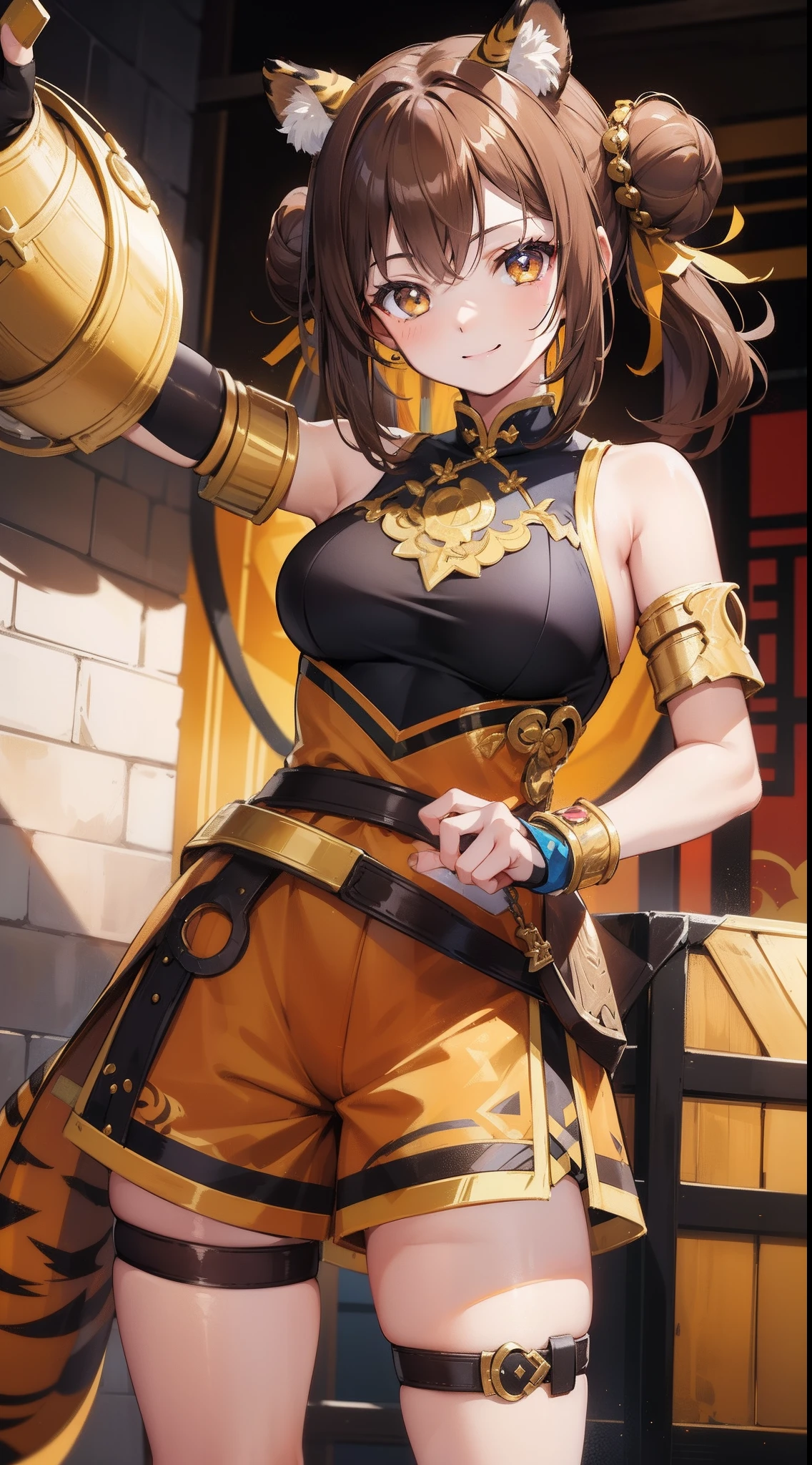 young girl, brown hair, Two buns, golden eyes, Tiger ears, Chinese yellow and blue dress, Shorts, Ironbound Bracers, Winks, Smile, Masterpiece, hiquality