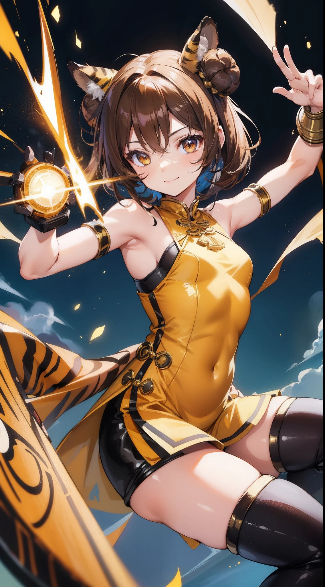 young girl, brown hair, Two buns, golden eyes, Tiger ears, Chinese yellow and blue dress, Shorts, Ironbound Bracers, Winks, Smile, Masterpiece, hiquality