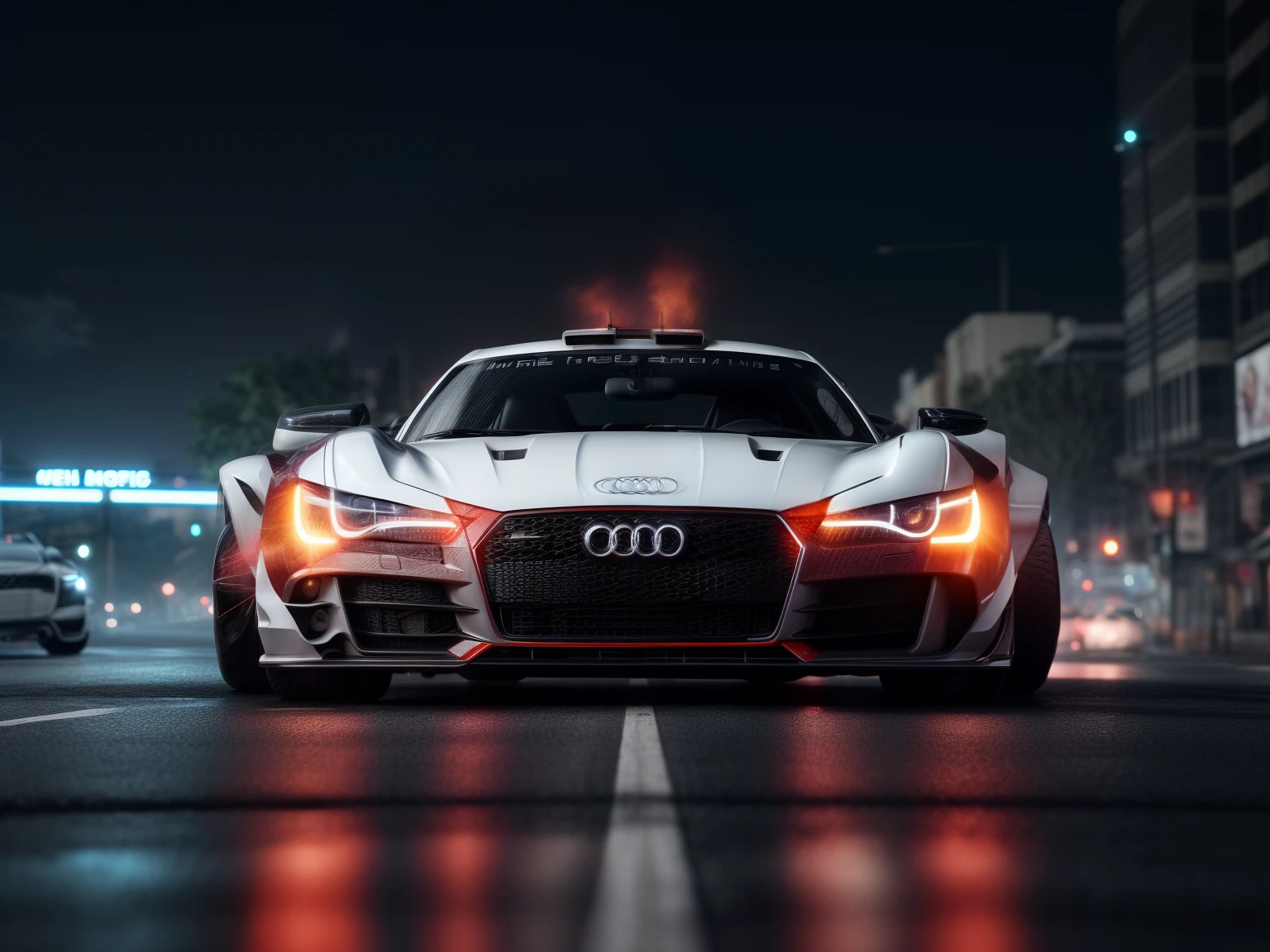 arafed wide body white sports car driving on a city street at night, front view, glowing ember headlights, aggressive front end, Audi emblem on grill, hq 4k phone wallpaper, hq 4k wallpaper, 8k stunning artwork, wallpaper 4k, wallpaper 4 k, 4 k render, 4k render, cinematic 4k wallpaper, cinematic 4 k wallpaper, cinematic front shot, wallpaper mobile, extreme render, 8k render, 8 k render, shallow depth of field,