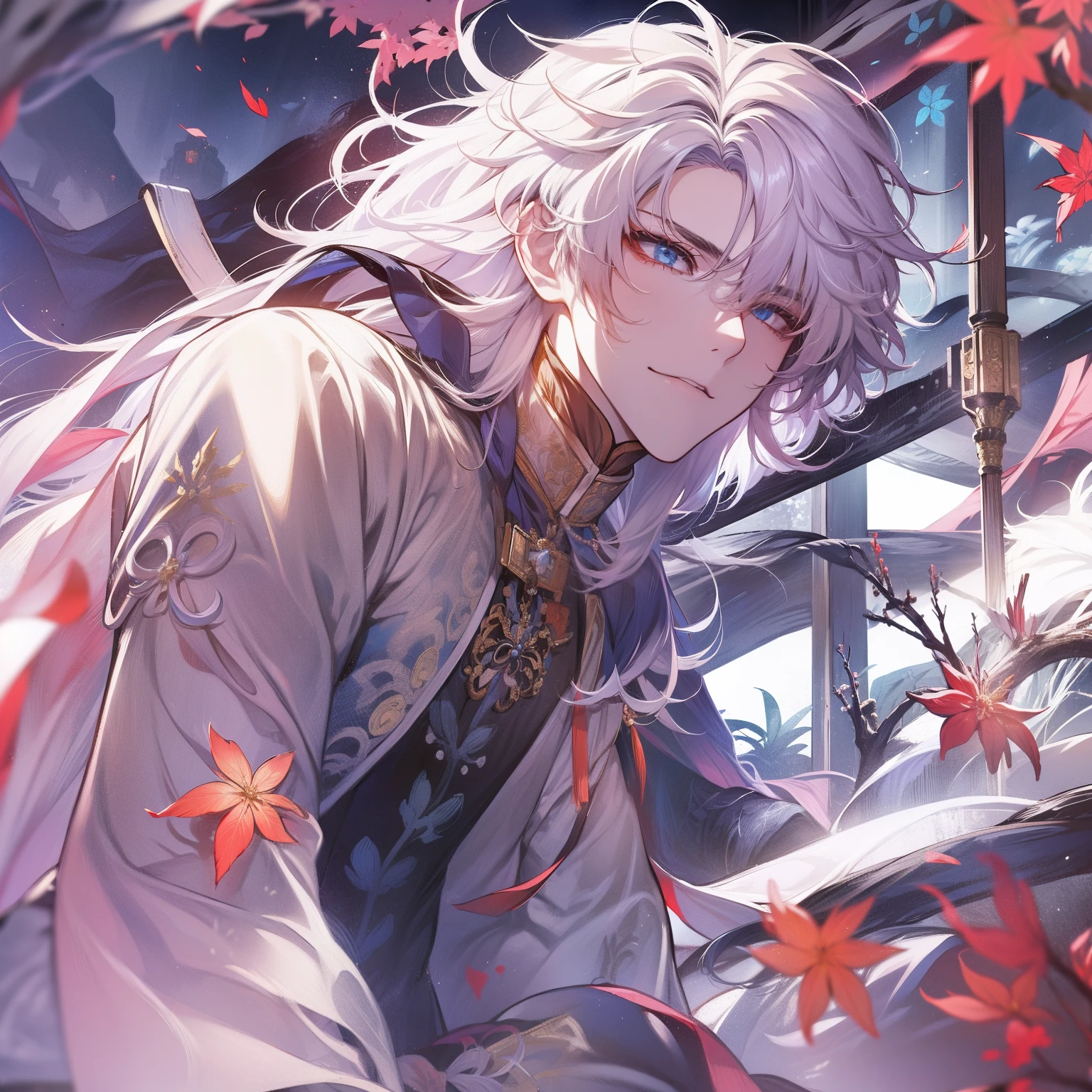 Blade from honkai star rail, calm, detailed, beautiful face, calm atmosphere, looking at viewer, interesting composition, full body, between window, masterpiece, best quality, 1 male, adult, handsome, tall, finely detailed eyes and detailed face, white hair, extremely detailed CG unity 8k wallpaper, intricate details, intricate details, maple leaves, maple, calm, good, kind, happy, white hair, blue eyes