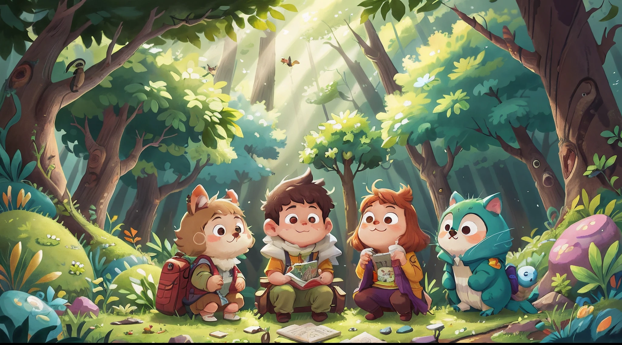 The image depicts a lush and enchanting forest, where sunlight filters through the verdant canopy of towering trees. In the center of the scene stands a small bunny named Ben, his fluffy fur a bright shade of white. Ben looks both curious and excited as he holds a vibrant key in his small paws. The key is adorned with various colors, shimmering with a magical aura. Surrounding Ben are his loyal and helpful friends, including a wise owl perched on a branch, a playful squirrel peeking from behind a tree trunk, and a cheerful songbird fluttering above. They all appear enthusiastic and determined to solve the mystery of the lost key. To engage in their journey, Ben and his friends are huddled around a worn-out wooden table covered in scattered clues, maps, and ancient symbols. Their collective focus is evident as they examine each clue with utmost concentration. Behind them, partially concealed by mossy foliage, lies the mouth of a mysterious cave. Its dark entrance suggests the hidden treasure that awaits their discovery. Despite the challenges that lie ahead, the image radiates a sense of camaraderie and hope, emphasizing the importance of companionship and shared efforts in their quest for happiness.