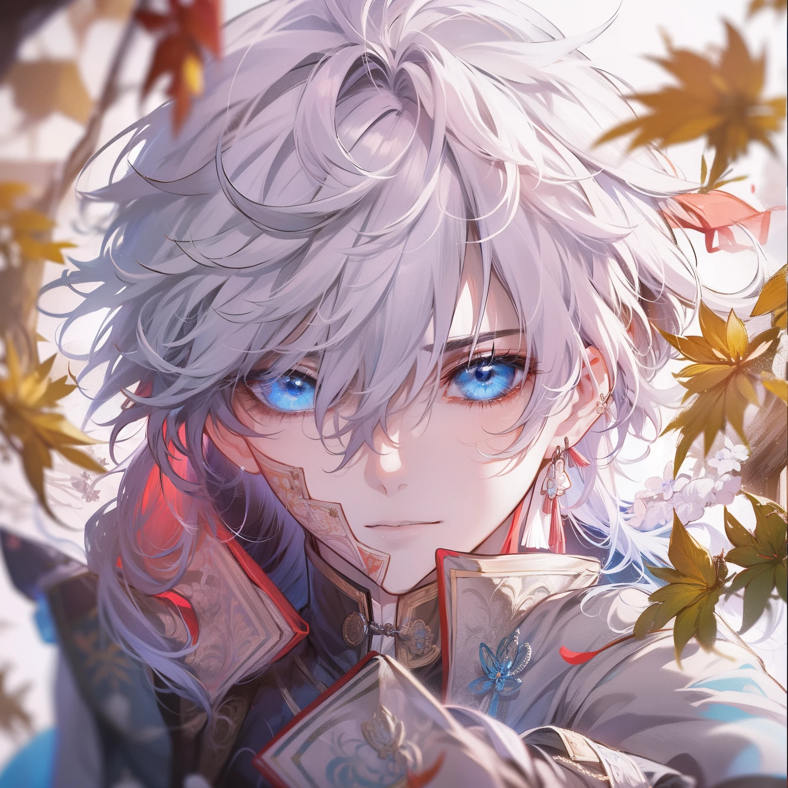 Blade from honkai star rail, calm, detailed, beautiful face, calm atmosphere, looking at viewer, interesting composition, full body, between window, masterpiece, best quality, 1 male, adult, handsome, tall, finely detailed eyes and detailed face, white hair, extremely detailed CG unity 8k wallpaper, intricate details, intricate details, maple leaves, maple, calm, good, kind, happy, white hair, blue eyes