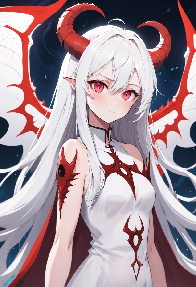 cabelos sem brilho, cabelos grisalhos,olhos vermelhos,long, whitish hair,demonic horns,Terno de marinheiro quebrado,Tipo de corpo da ,There are demonic wings behind it,Havia um pouco de sangue em seu corpo,8k,Look up at the camera,olhos vazios,Dynamic,Background of destroyed cities