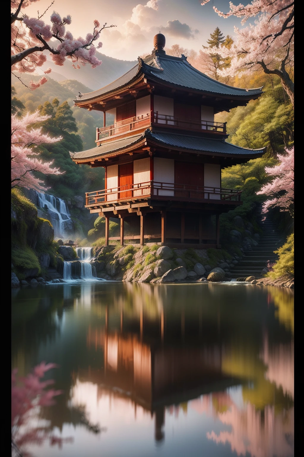 At dawn, Cherry trees, ancient japanese tea house in a lake, small bridges and a waterfall, oil painting style, real like a photo, 16K resolution