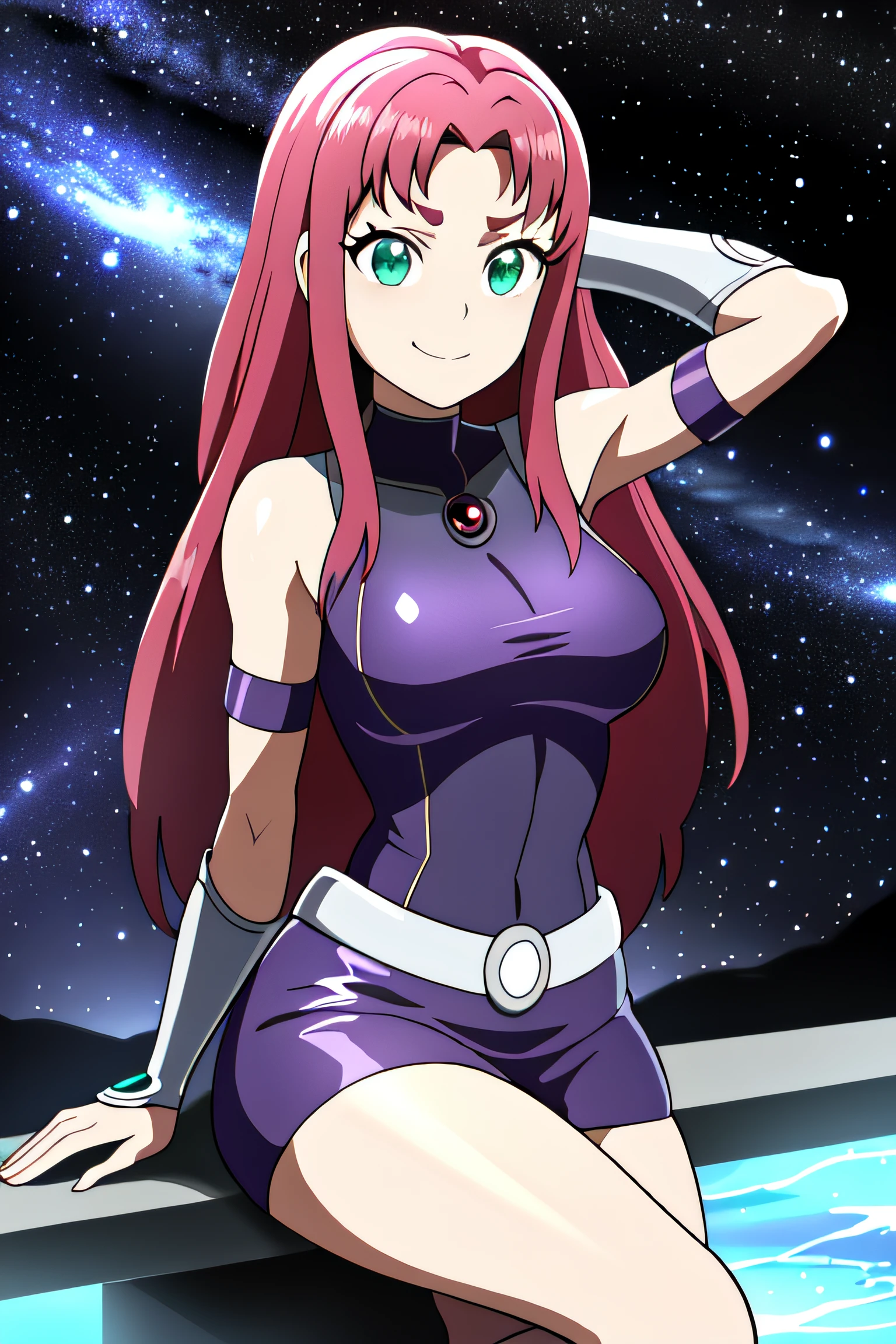 master part, high, high quality, detailed face, detailed body rendering, full body, nude, kushina uzumaki, large breasts, dark lips, Standing, Blushes, smile, nude shoulders, hair clip, fox ears, fox tails, bracelet, space, stars, nebula, galaxy