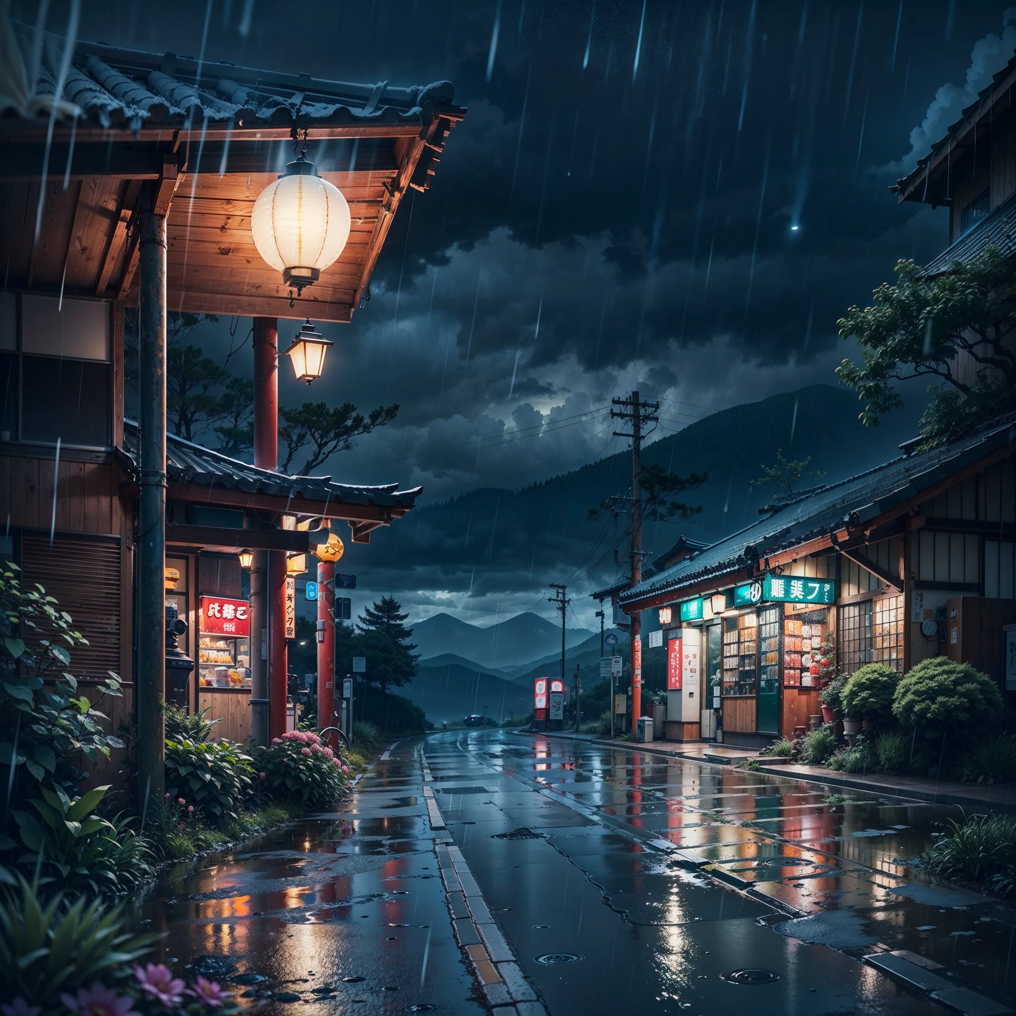 japan, modern Japanese gas station by the side of a road in the mountains, modern Japanese architecture, night-time, rain, best quality, (no one: 1), anime, anime style, lofi, dramatic weather, Japanese shop signs, lofi style, no other building, vegetation, woods, puddles of water, heavy rainfall, neon signs, plant pots, lanterns, lamps, storm, gloomy weather, dramatic weather, rain, raining, puddles, heavy rain, falling rain drops,