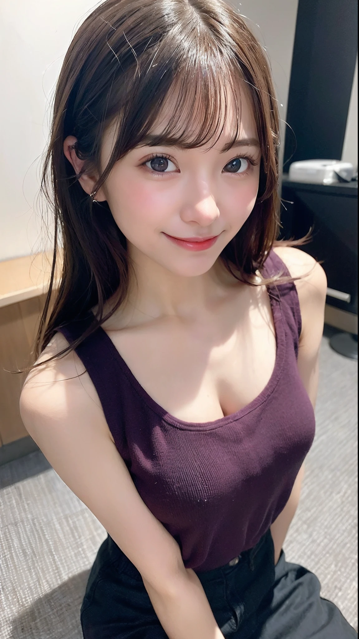 (top-quality、8K、32K、masuter piece、nffsw:1.2)、Cute Japan Girl、女の子1人、bobhair、profile、(slim figure:1.2)、(s lips) 、(Black hair)、二重まぶた、shinny skin、Realistic rays、mare、beauitful face、(A smile:1.3)、crouching down、(From above:1.2)、(a closeup:1.4)、Pink tank top、blurry backround、(Front Focus)、(Dark: 1.6)、Fantasy Art、photoRealstic、Professional Lighting、extra detailed face、Award-winning、deep-shadows、