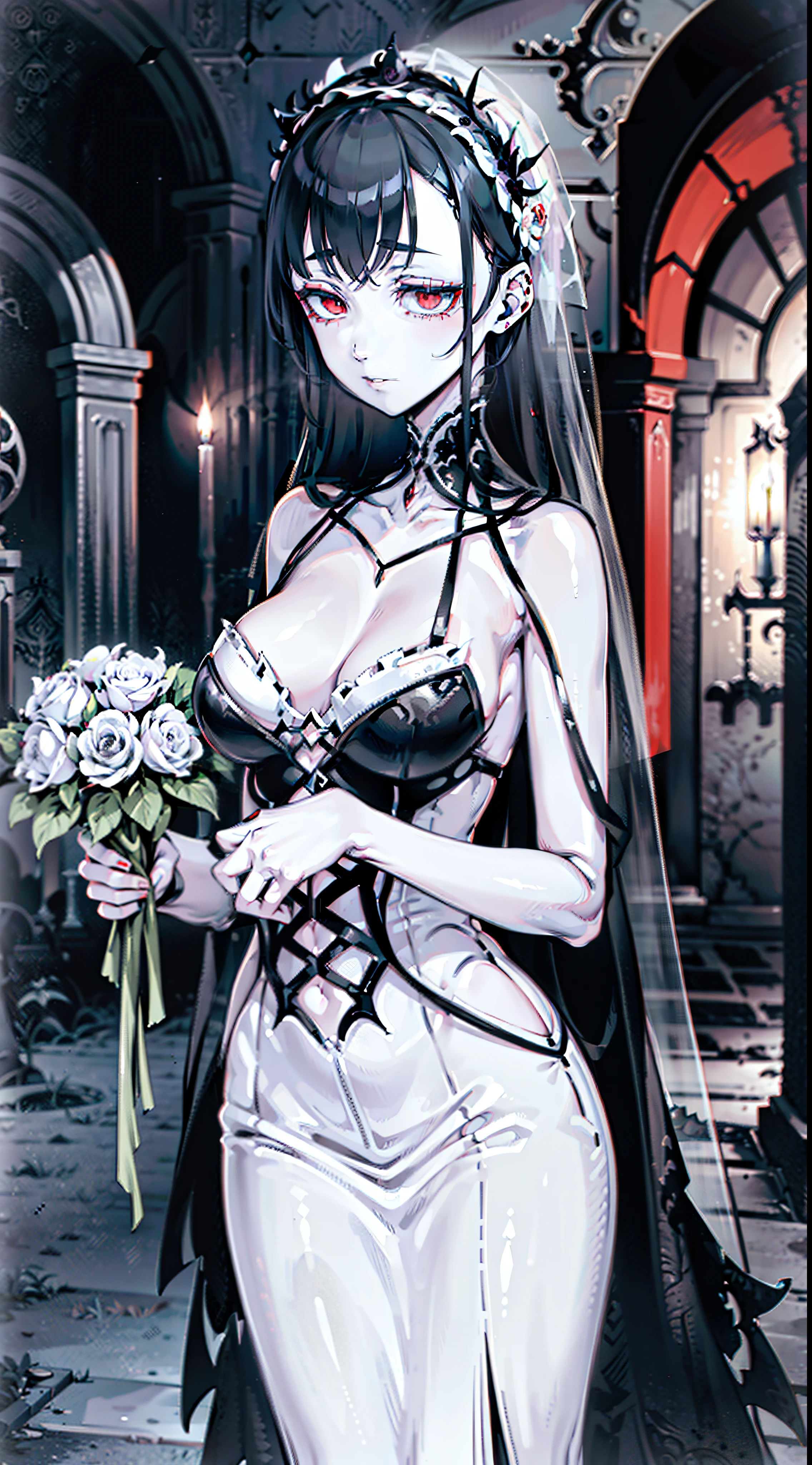 ugliness. Neo-Gothic. glomy. inkpunk minimalism. Tim Burton. Corpse Bride.white wedding gown,white dresses,Red eyes,Pale skin,Black color hair,In the dark,Dark environment,Plenty of tombstones,In the cemetery,White flowers,The body is covered with sutures,Twist your body,