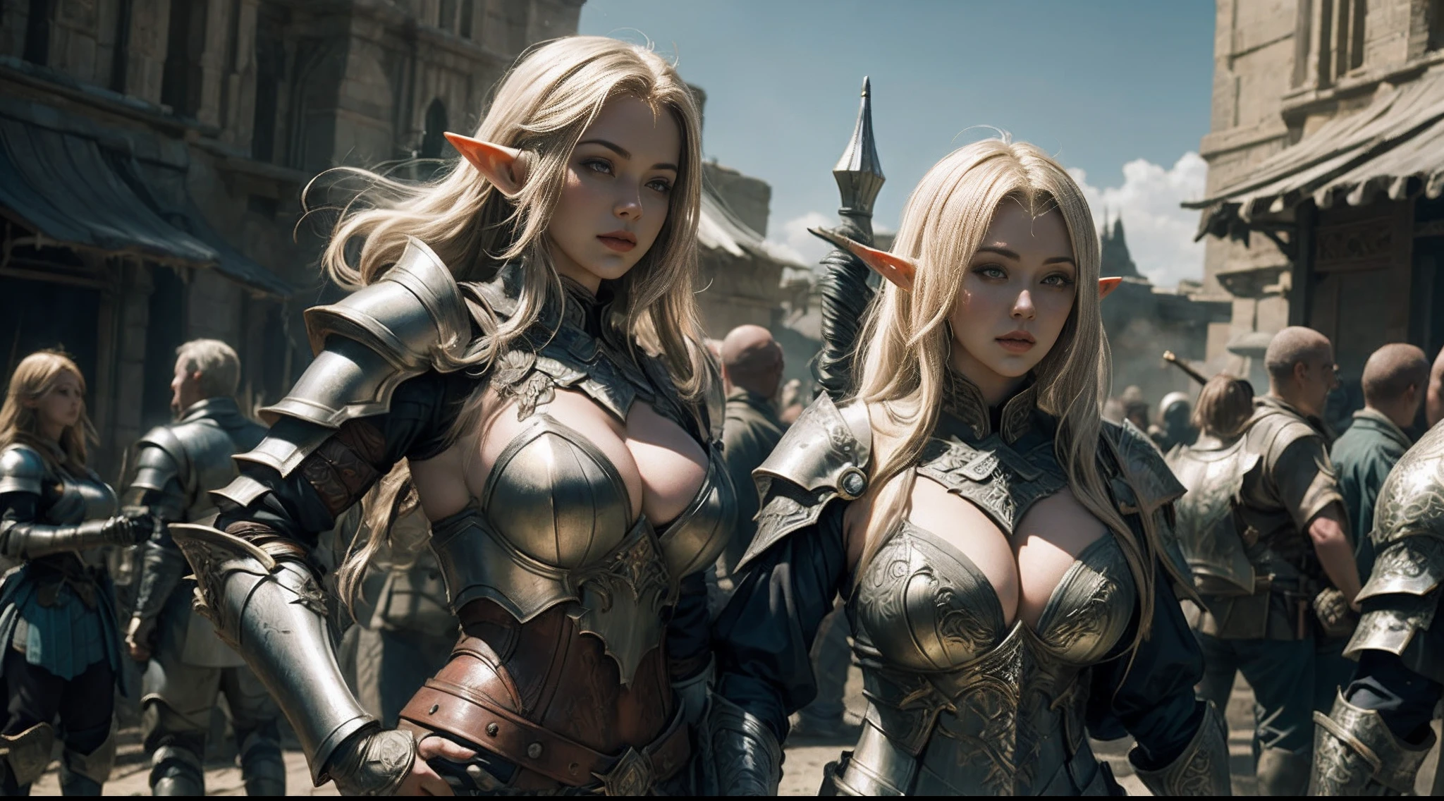 Female elf,Large breasts,Heavy armor,complex patterns,The background is the battlefield,Fighting posture,Mid-range portrait