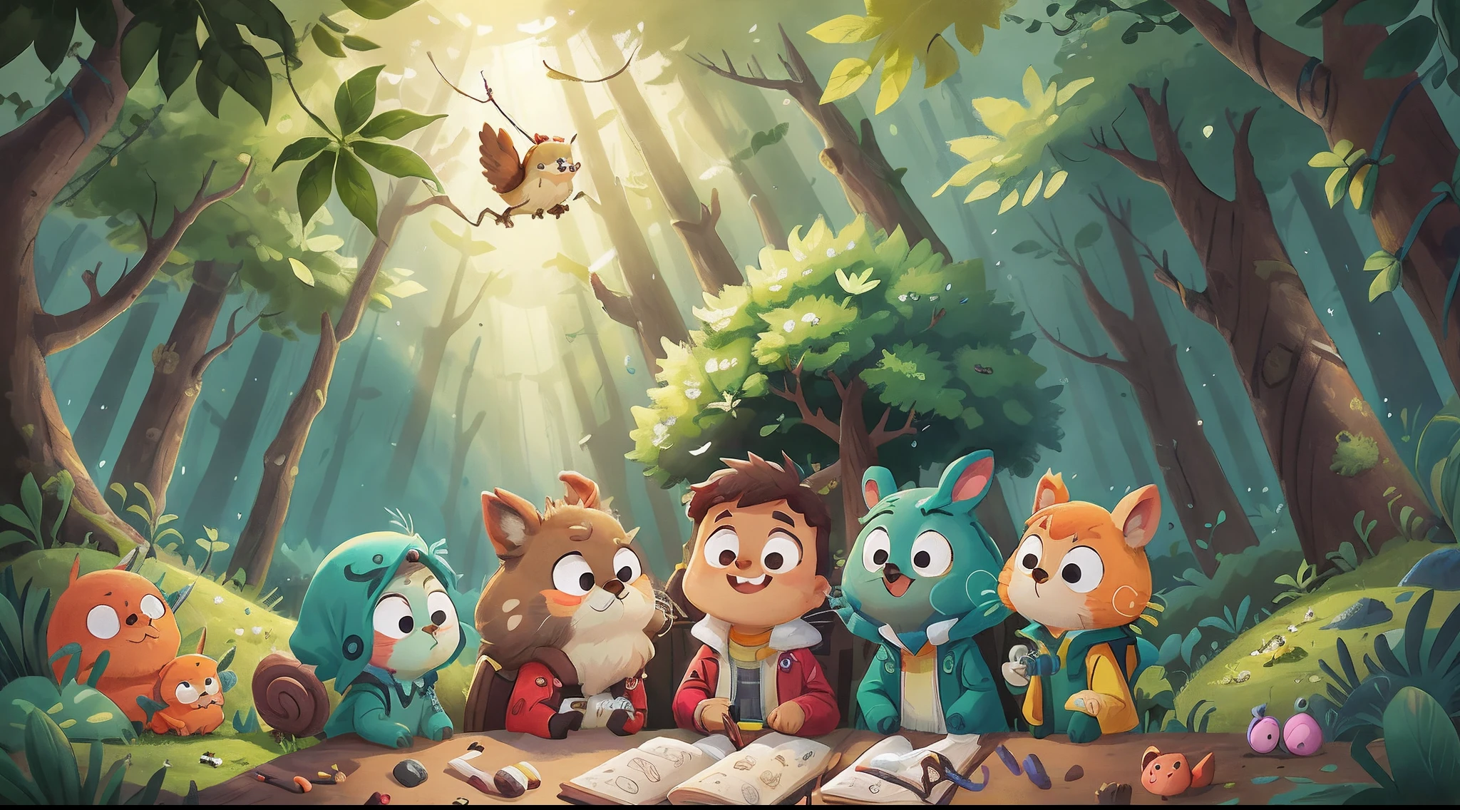 The image depicts a lush and enchanting forest, where sunlight filters through the verdant canopy of towering trees. In the center of the scene stands a small bunny named Ben, his fluffy fur a bright shade of white. Ben looks both curious and excited as he holds a vibrant key in his small paws. The key is adorned with various colors, shimmering with a magical aura. Surrounding Ben are his loyal and helpful friends, including a wise owl perched on a branch, a playful squirrel peeking from behind a tree trunk, and a cheerful songbird fluttering above. They all appear enthusiastic and determined to solve the mystery of the lost key. To engage in their journey, Ben and his friends are huddled around a worn-out wooden table covered in scattered clues, maps, and ancient symbols. Their collective focus is evident as they examine each clue with utmost concentration. Behind them, partially concealed by mossy foliage, lies the mouth of a mysterious cave. Its dark entrance suggests the hidden treasure that awaits their discovery. Despite the challenges that lie ahead, the image radiates a sense of camaraderie and hope, emphasizing the importance of companionship and shared efforts in their quest for happiness.