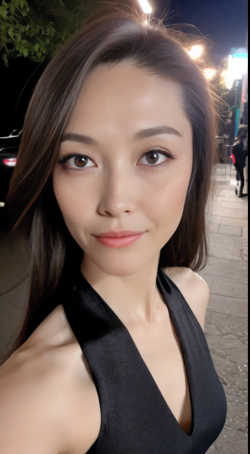 ((Realistic lighting, Best quality, 8K, Masterpiece: 1.3)), Focus: 1.2, 1girl, Perfect Body Beauty: 1.4, Slim Abs: 1.1, ((Dark Brown Hair)), (Aqua Dress: 1.4), (Outdoor, Night: 1.1), City Street, Super Fine Face, Fine Eyes, Double Eyelids,