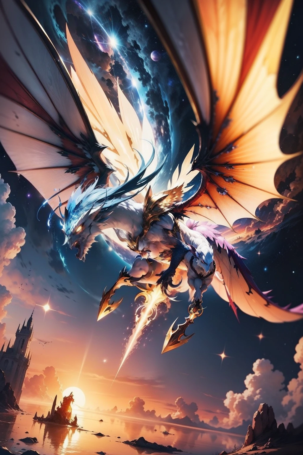 Dragoned, space, Estrelas, cosmico, radiante, Palkia, Big, Sunset, Hora de Ouro, halo, angelic, two arms, inteligence, One Dragon, Two-headed beast, Gold scales