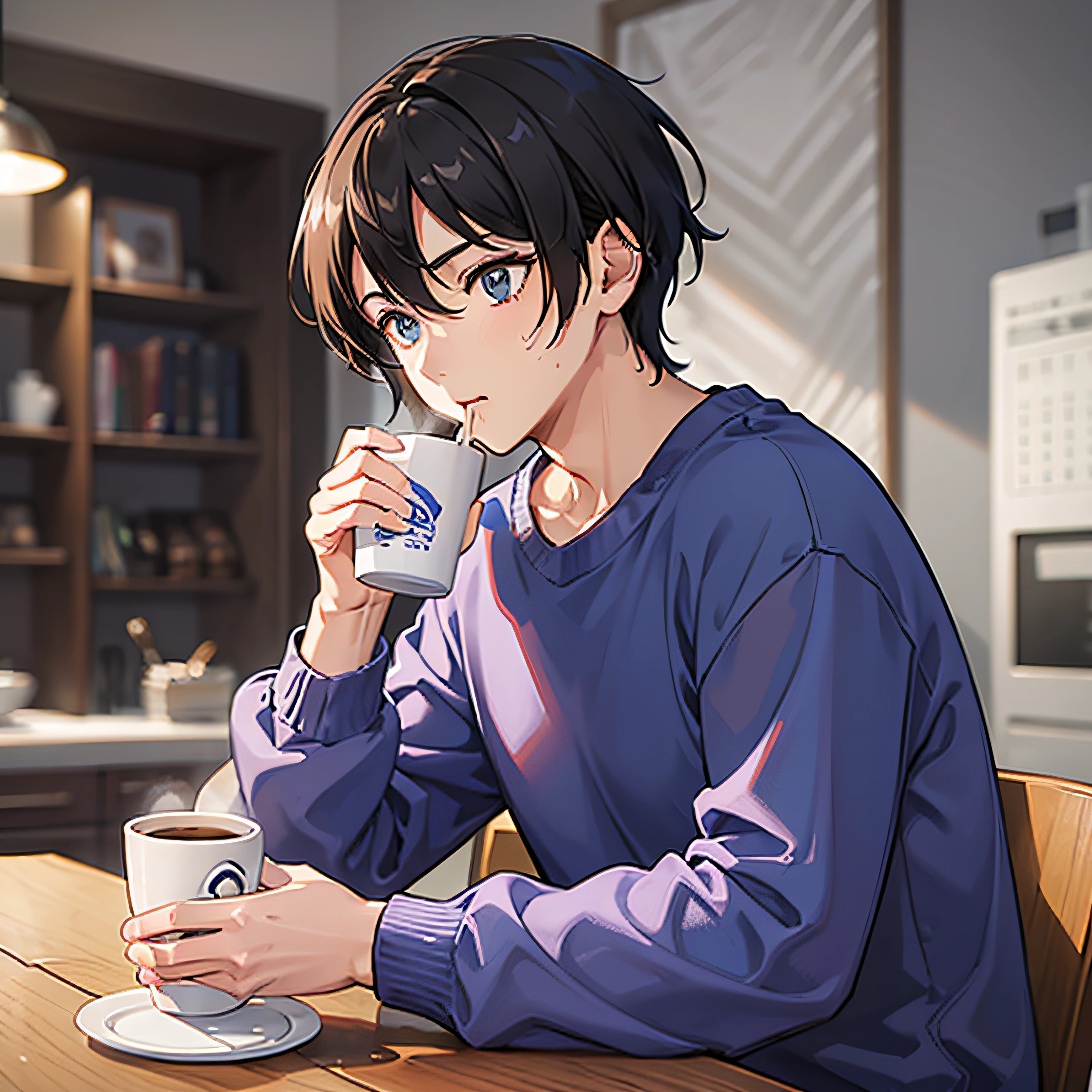 Um garoto de cabelos curtos, ondulados e castanho, wearing a blue sweatshirt and black sweatpants, olhos cinza claro, drinking coffee.