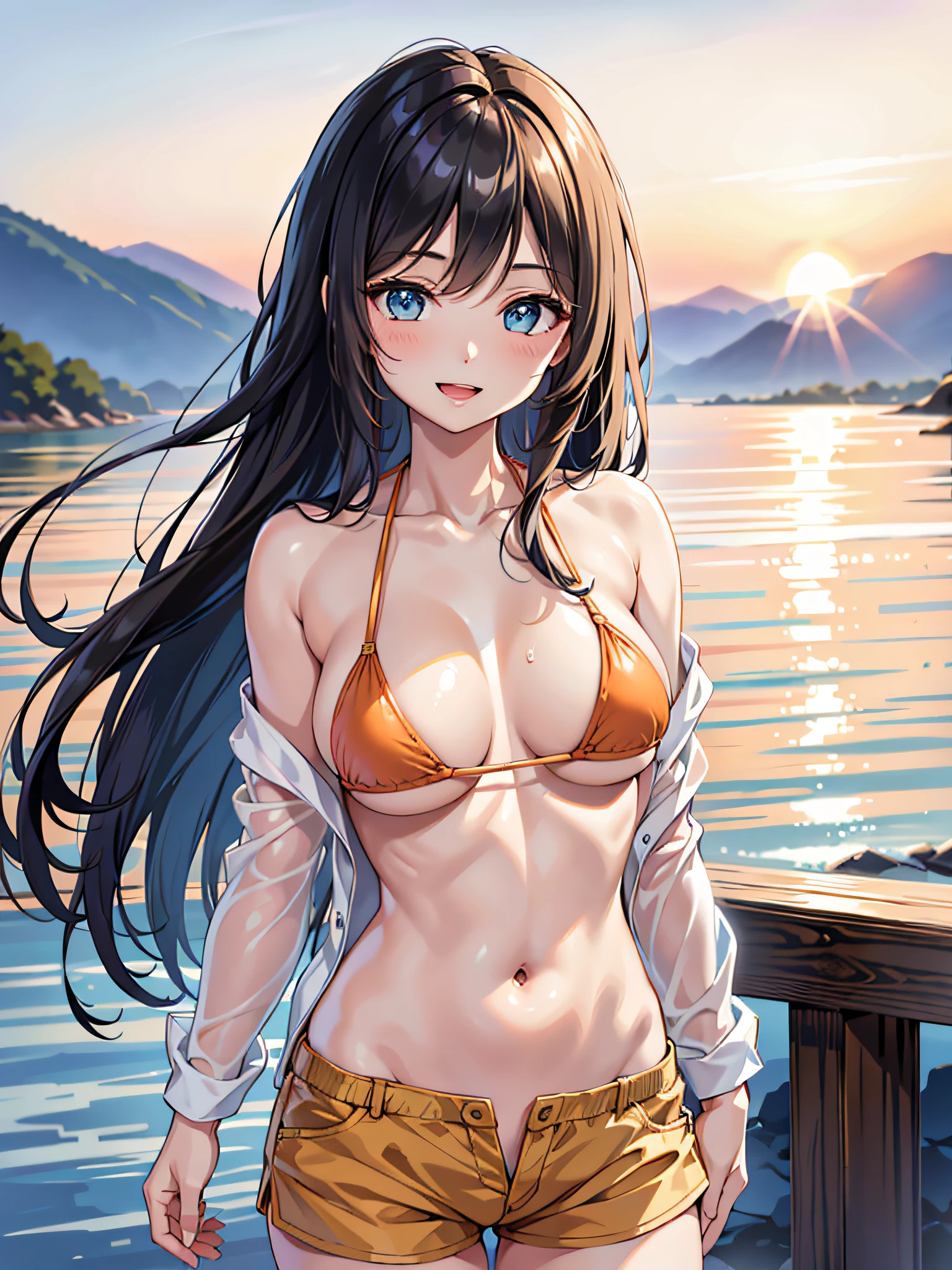 (1girl:1.3, solo), (Masterpiece, best quality, photorealistic, highres, photography, :1.3), ultra-detailed, sharp focus, professional photo, commercial photo, (upper body:1.3), (standing in water:1.3, at blue ocean), (((starring at the viewer:1.5))), (crossed arms:1.3, leaning forward:0.95), BREAK, 1girl, solo, milf, European girl, hot model, (attractive model:1.37), (promotional model:1.2), highly detailed eyes and pupils, realistic skin, (attractive body, large breast:1.25, thin waist:1.15), thin hair, single braid hair, shiny-black hair, extremely detailed hair, delicate sexy face, sensual gaze, shiny lips, BREAK, (orange bikini:1.3), (shorts:1.3), detailed clothes, BREAK, (outdoor, South California beach background, blurry background:1.25, simple background, no-human background, detailed background), (under sunset:1.37), BREAK, (attractive posing), ((realistic, super realistic, realism, realistic detail)), perfect anatomy, perfect proportion, bokeh, depth of field, hyper sharp image, (attractive emotion, seductive smile:1.2, happy:1.2, blush:1.2, :d:1.2, :p:1.2), 4fingers and thumb, perfect human hands, wind,