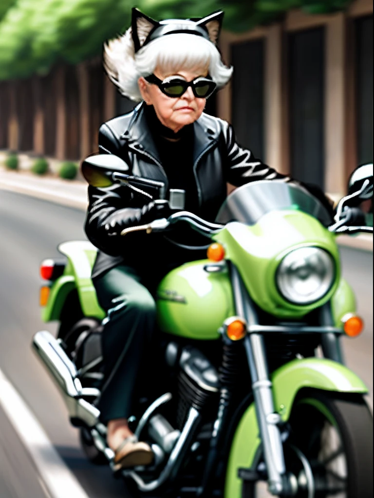 A grandmother on a motorcycle，green color，Black sunglasses，black cat ears