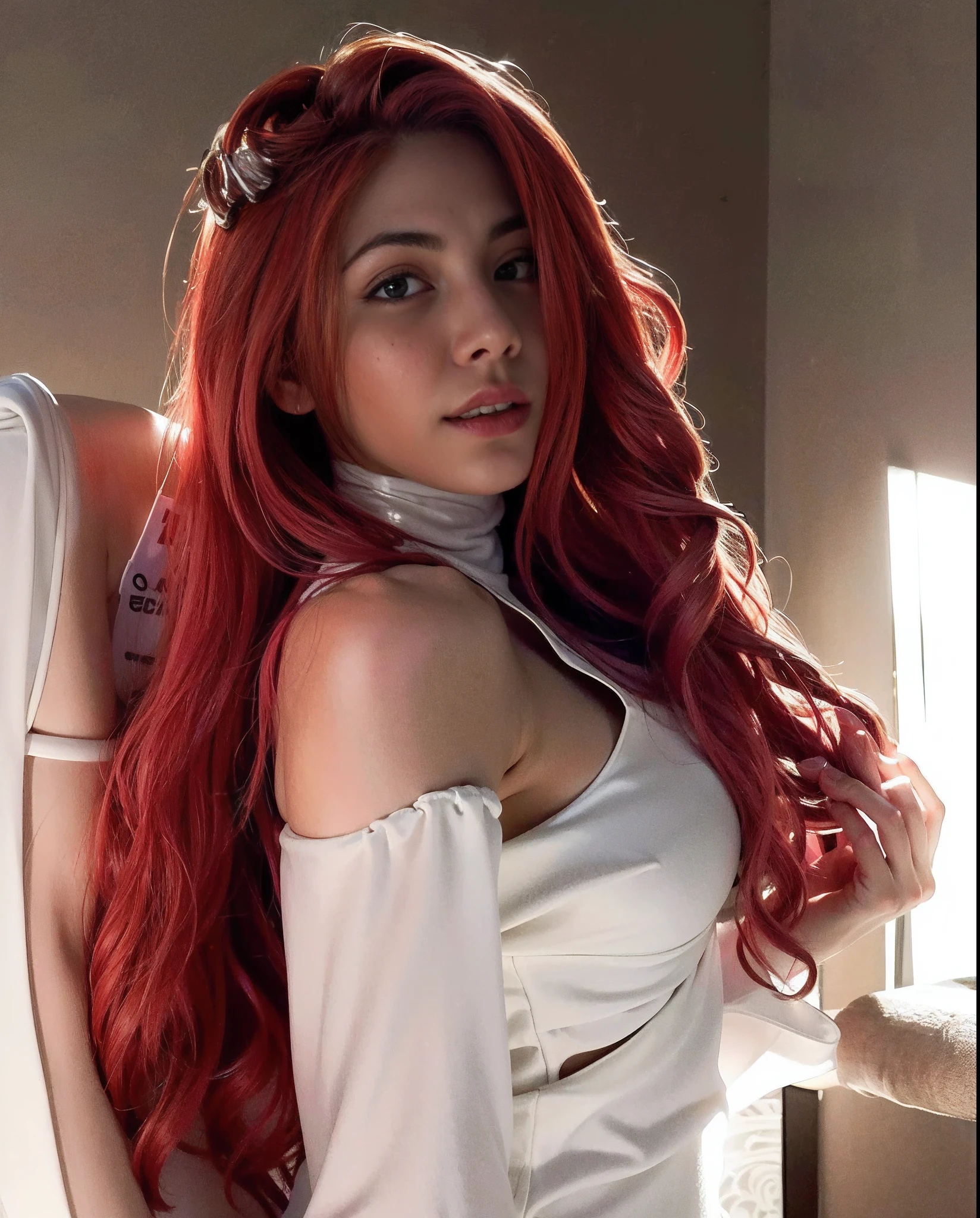 there is a woman with red hair standing on a wall, amouranth, red waist-long hair, better known as amouranth, with red hair, with long red hair, katarina, girl of the alps, angelawhite, long red hair white streak hair, very long flowing red hair, red haired goddess, nice view, she has red hair