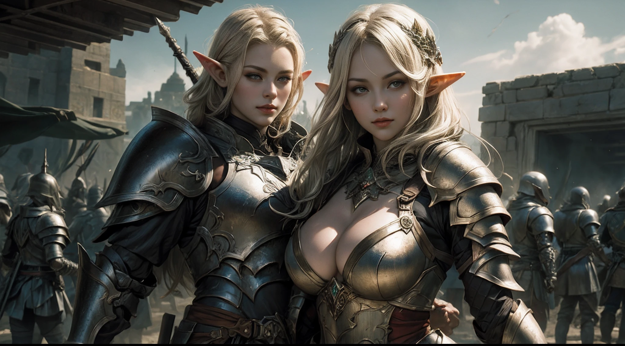 Female elf,Large breasts,Heavy armor,complex patterns,The background is the battlefield,Fighting posture,Mid-range portrait