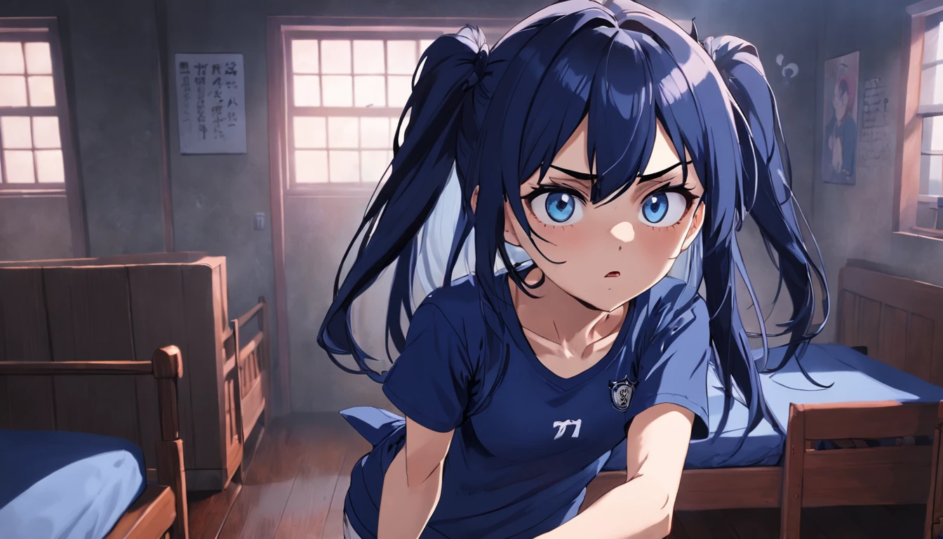 one annoyed 20 year old, female bully t-shirt outfit, navy blue hair gothic, in bedroom, glaring at viewer in disgust, spiky necklace, carrying heavy bookbag, focus on face, blue_eyes, navy blue t-shirt, dark room
