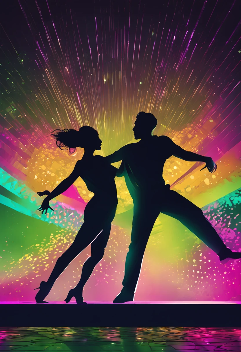 Art for dance festival, with silhouette of a couple dancing on a stage illuminated by various lights with green hue.
