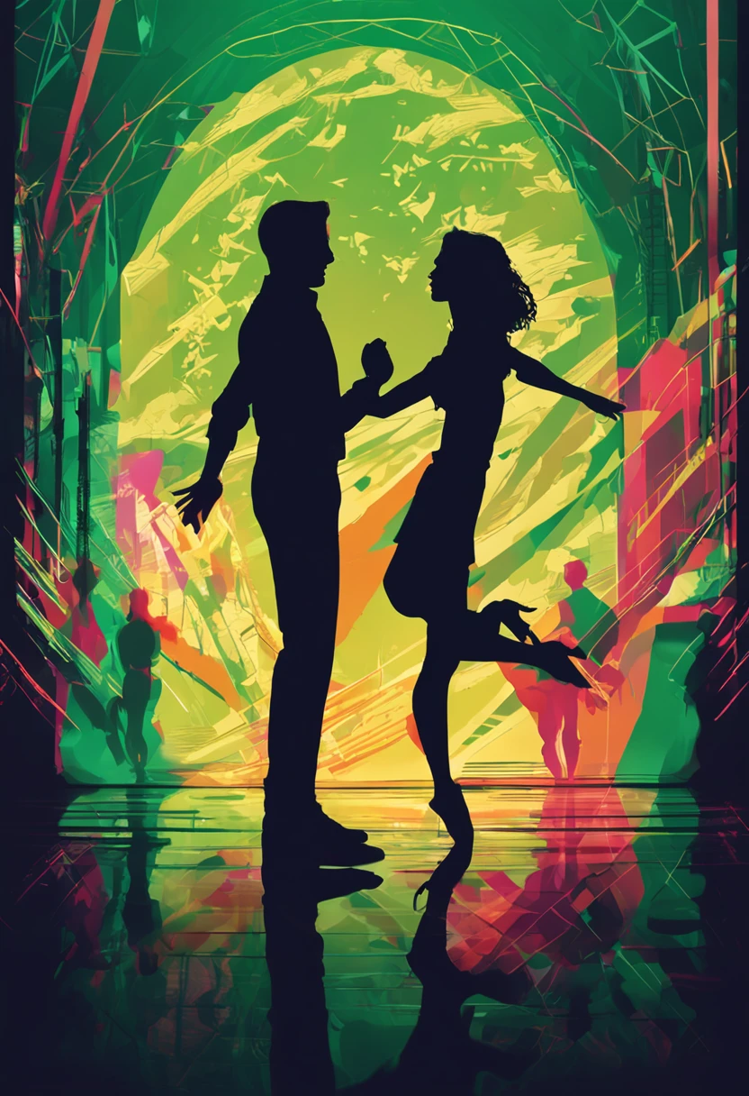 Art for dance festival, with silhouette of a couple dancing on a stage illuminated by various lights with green hue.