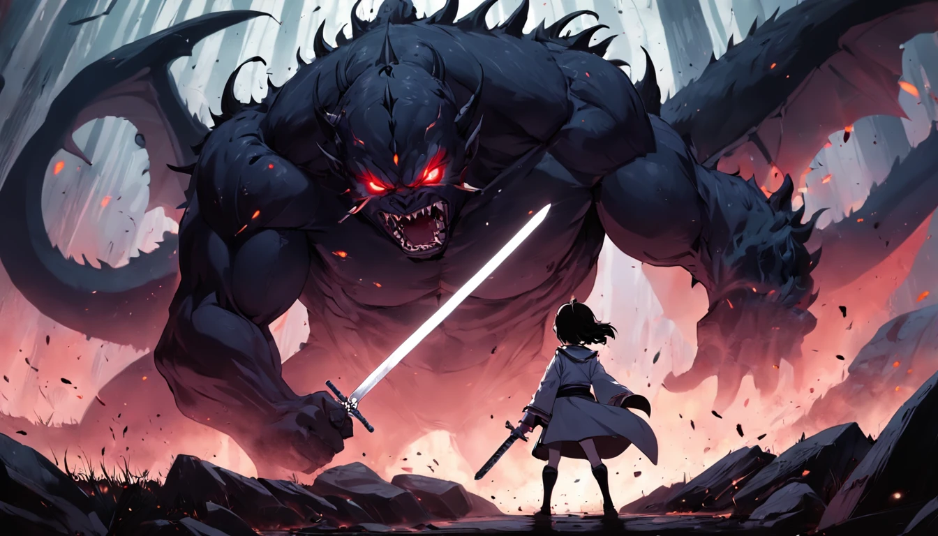 guerreiro, sword in hand, campo, lutando contra um monstro, preto e branco para pintar