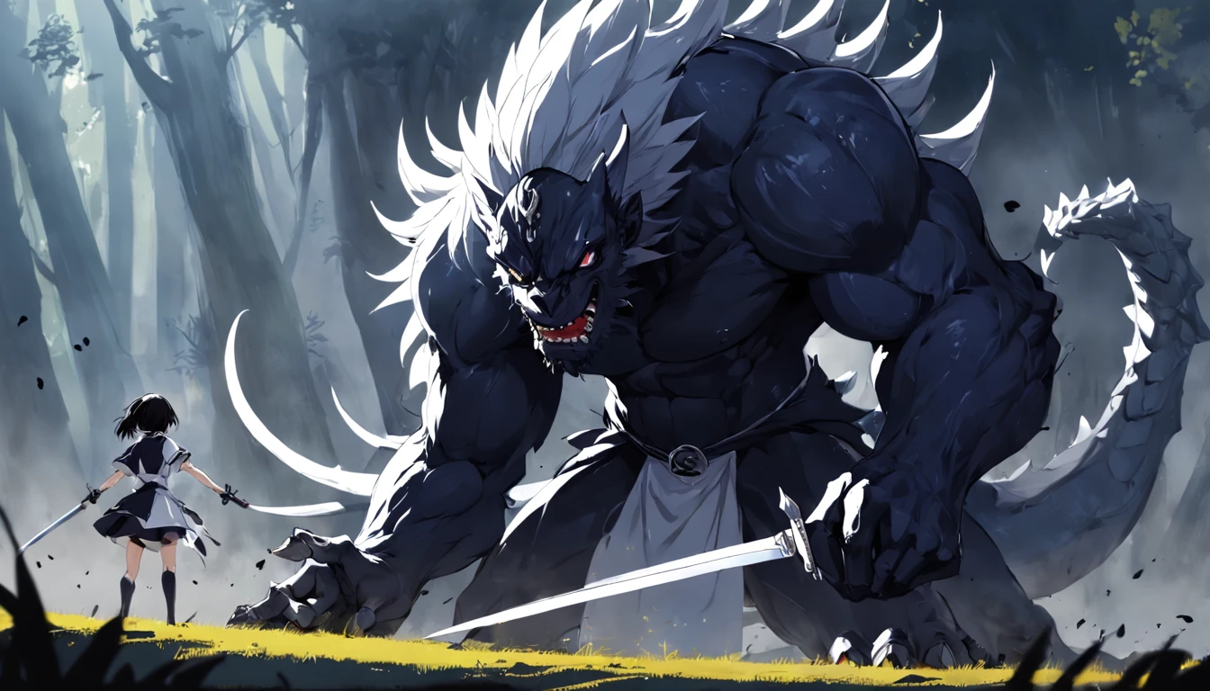 Solo, cute black panther male, yellow eyes, snout, Man athletic physique, big chest muscle, masculine, very muscular, white hair, top knot hair, snarling, feline teeth, scar on left eye, scars and cut wounds on body, naked, wearing red loincloth with bulge, muscles flexing, holding katana sword by the handle, elegant katana, in a dark destroyed Japanese village, thunderstorm, by fumiko, by hyattlen, by gudlmok99