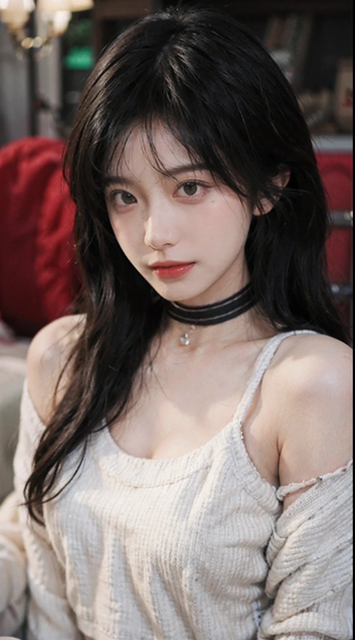 best qualtiy， 超高分辨率， （realisticlying：1.4），Baoyu Girl，1girll, with long coiled hair，Blushlush，Looking into the distance，nedium breasts，Cropped red sweater，a sense of atmosphere，Beautiful woman with a slim figure:1.4, Abs，Ultra-fine face，Elaborate Eyes，二重まぶた，choker necklace