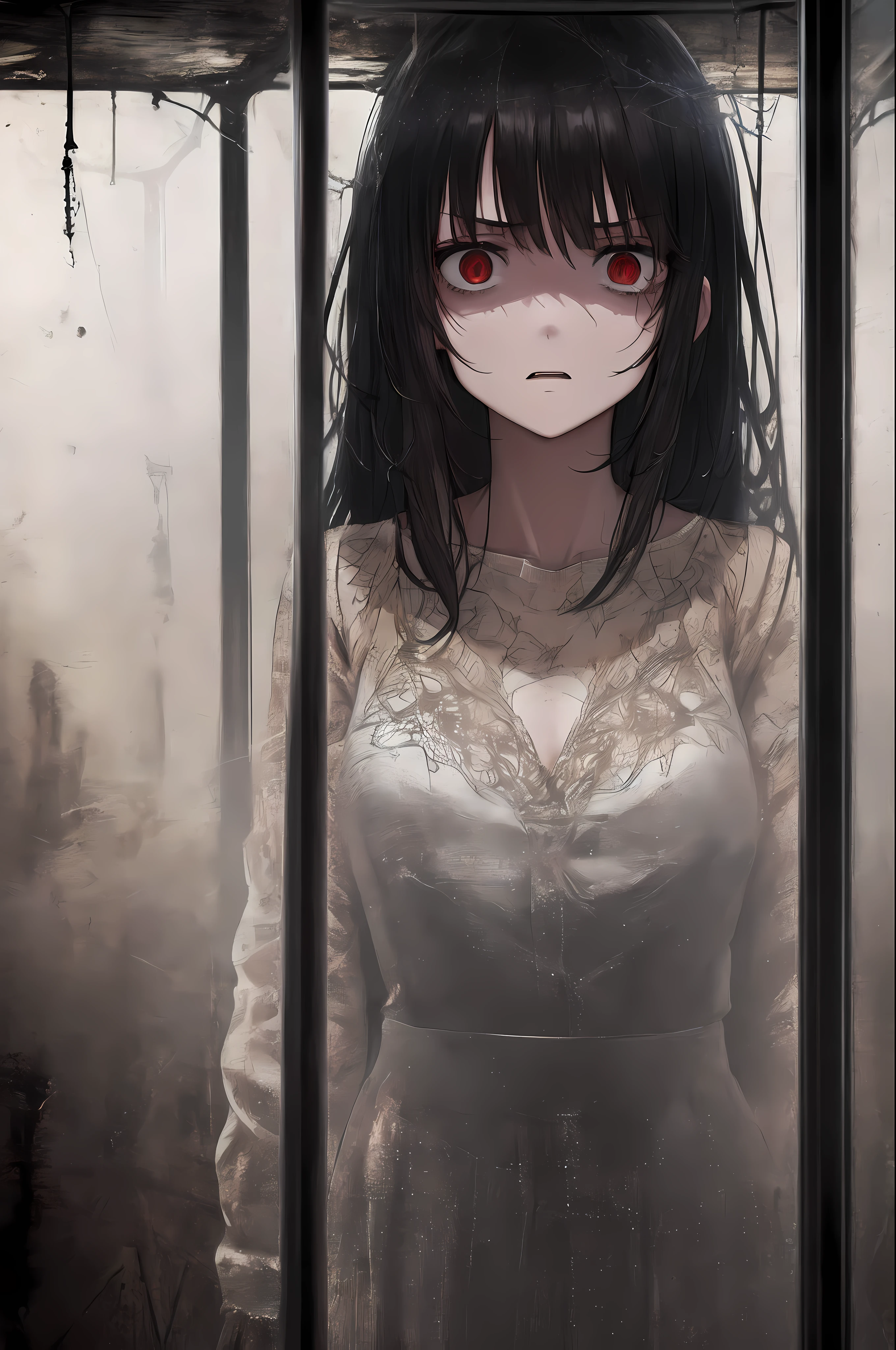 1girl, black hair, (cowboy_shot:1.2), face focus, long hair, sidelocks, scared,(terrified:1.1) expression, holding teddy bear, atmospheric lighting, moody, darkness, in an old abandoned museum, transparent glass display cases filled with interesting objects, dusty, post-apocalypse, cobwebs, superb, beautiful 8k wallpaper, extremely detailed, intricate