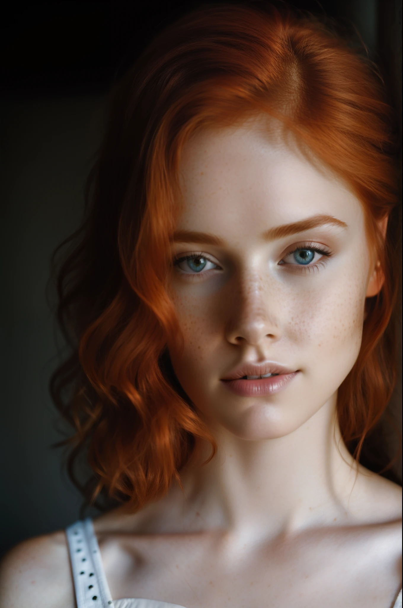 beautiful redheaded woman, freckles, slightly tilted head, dark makeup, hyper-detailed photography, soft light, head and shoulder portrait, cover, sharp focus