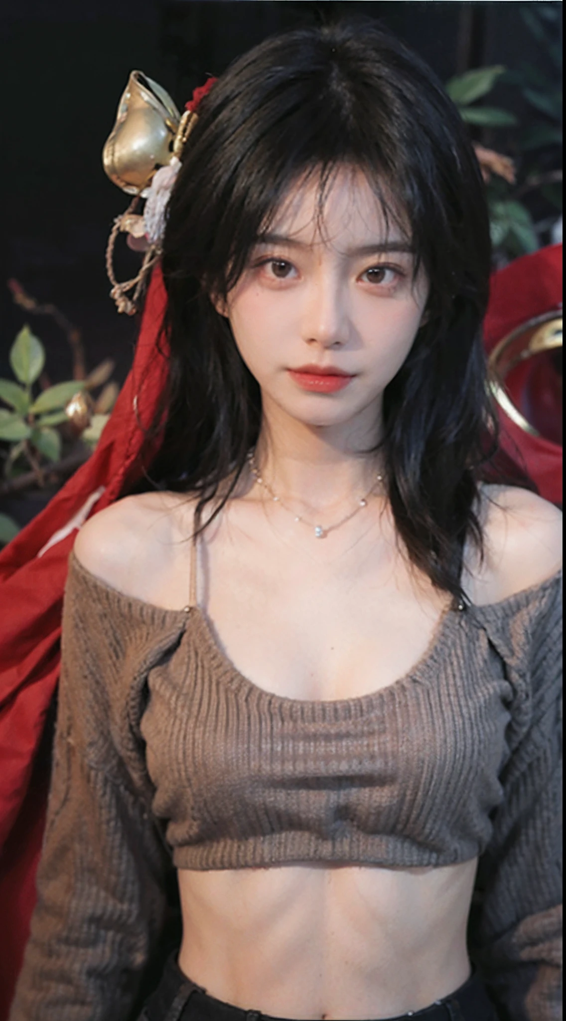 best qualtiy, 超高分辨率, (realisticlying:1.4),Baoyu Girl,1girll, with long coiled hair,Blushlush,Looking into the distance,nedium breasts,Cropped red sweater,a sense of atmosphere,Beautiful woman with a slim figure:1.4, Abs,Ultra-fine face,Elaborate Eyes,二重まぶた,choker necklace