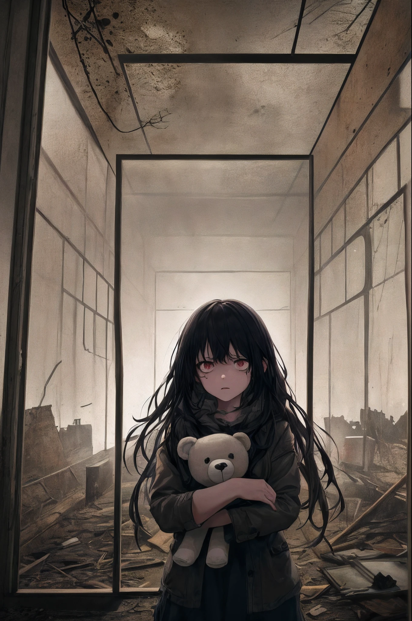 1girl, black hair, (cowboy_shot:1.2), face focus, long hair, sidelocks, scared,(terrified:1.1) expression, holding teddy bear, atmospheric lighting, moody, darkness, in an old abandoned museum, transparent glass display cases filled with interesting objects, dusty, post-apocalypse, cobwebs, superb, beautiful 8k wallpaper, extremely detailed, intricate