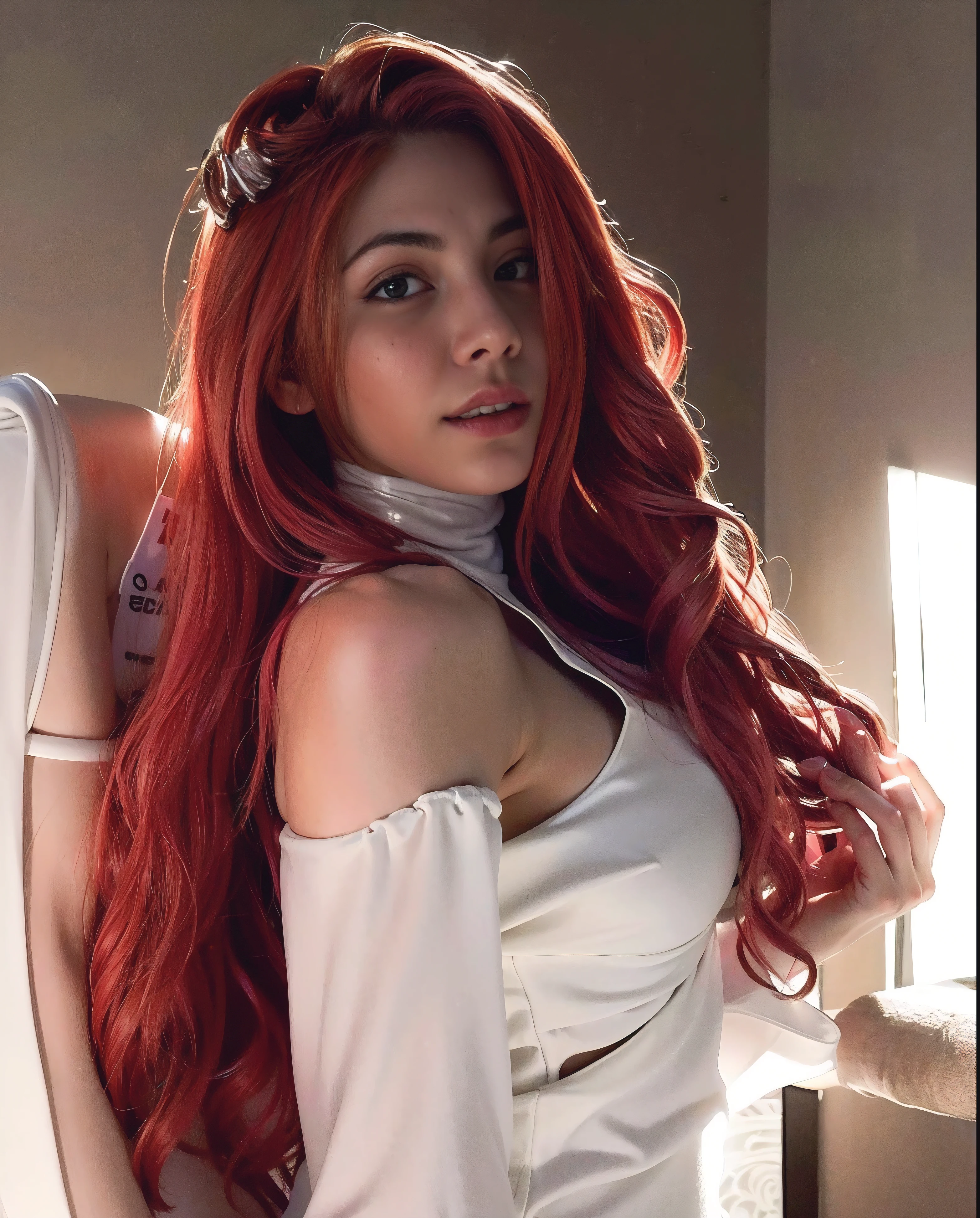 There's a woman with red hair posing for a photo, Violeta Myers, 18 anos, ava max, angelawhite, com cabelos ruivos cacheados, Mulher de 30 anos de Cuba, 2 Modelo feminina de 4 anos, 19-year-old girl, Garota sexy, cabelos longos vermelhos, ela tem cabelos ruivos